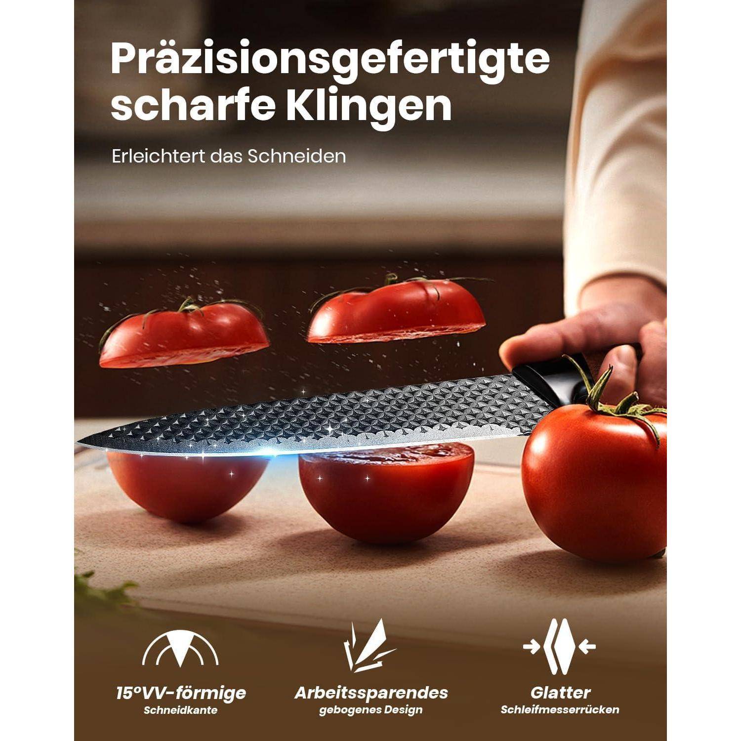 Eine Hand schneidet Tomaten mit einem strukturierten Messer. Text darüber liest: 'Präzisionsgefertigte scharfe Klingen' und 'Erleichtert das Schneiden'.