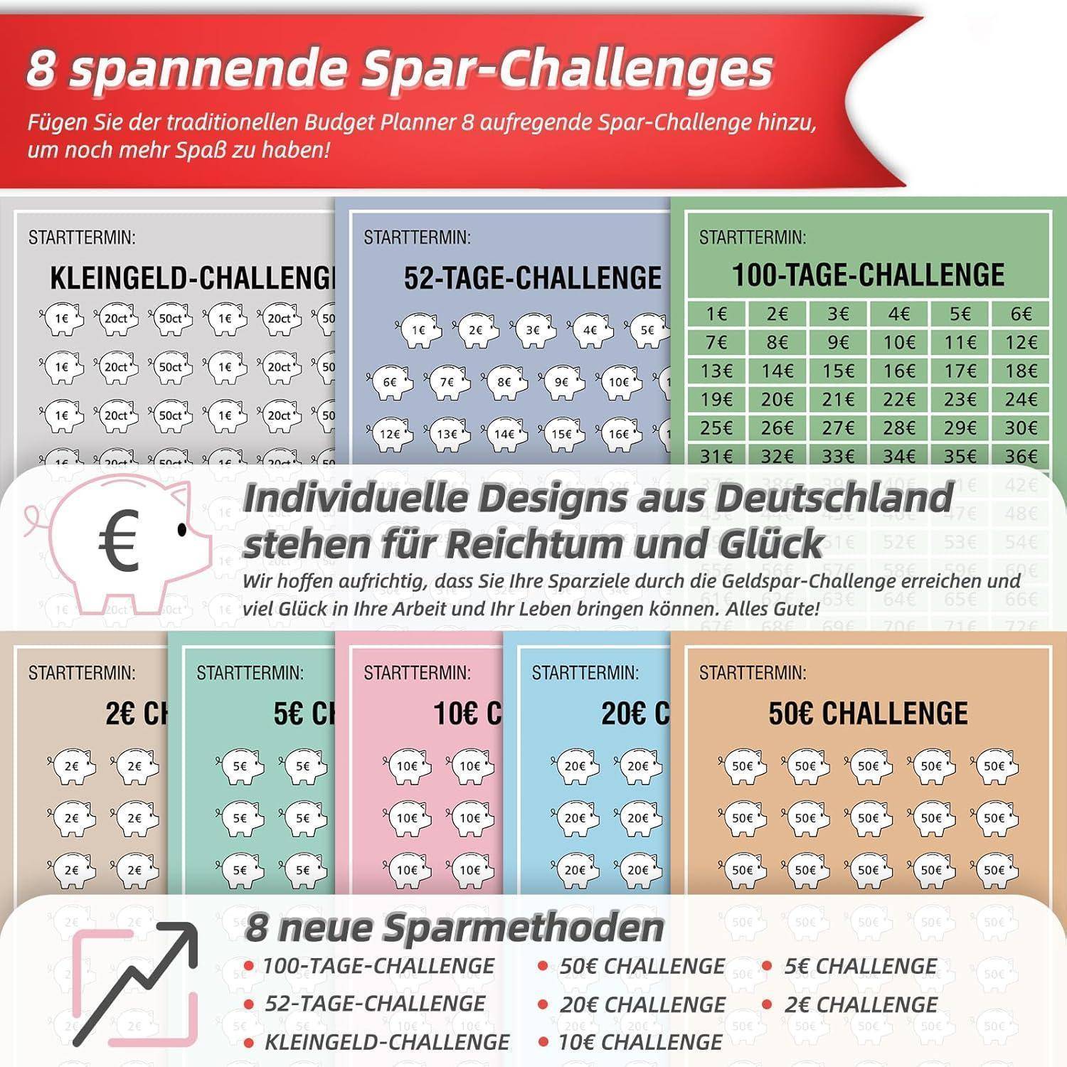 8 spannende Spar-Challenges. Verschiedene Spar-Challenges mit Designs und Beträgen, z.B. 52 Tage, 100 Tage, 20 Cent bis 50 Euro.