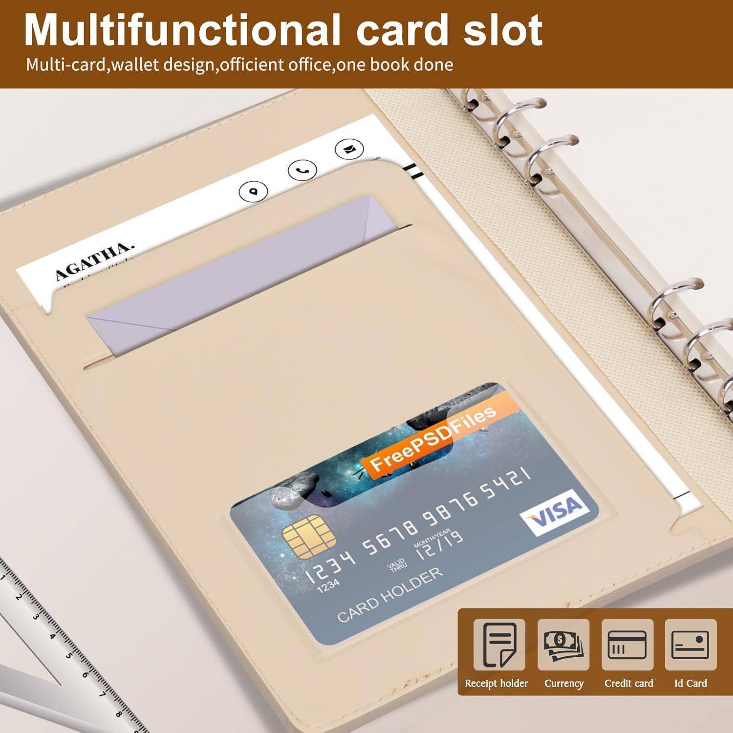 Multifunktionale Kartentasche mit Wallet-Design, geeignet für den Büroalltag. Funktionen umfassen einen Beleghalter, Fächer für Währung und Karten.