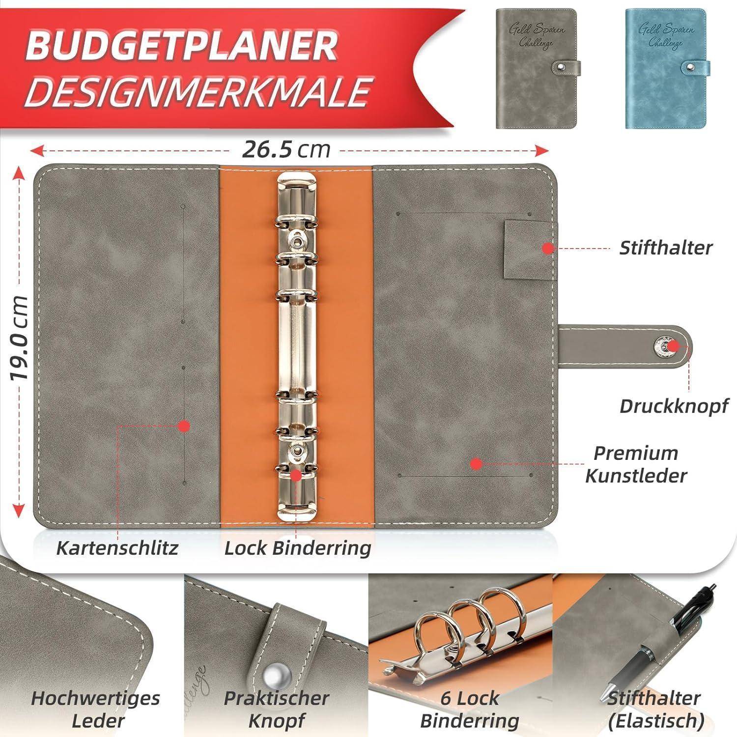 Das Bild des 'Budgetplaners' zeigt eine detaillierte Brieftaschengestaltung mit Abmessungen von 26,5 cm x 19,0 cm, die Kartenfächer, Ringbindung, einen Stifthalter und einen Druckknopf umfasst und dabei hochwertiges Leder und praktisches Design betont.