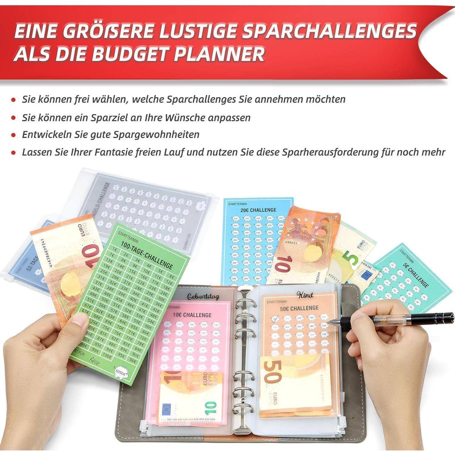 Eine größere lustige Sparherausforderung als der Budgetplaner' Text in Rot. Bild zeigt verschiedene Euro-Banknoten, Münzen und Spardiagramme.