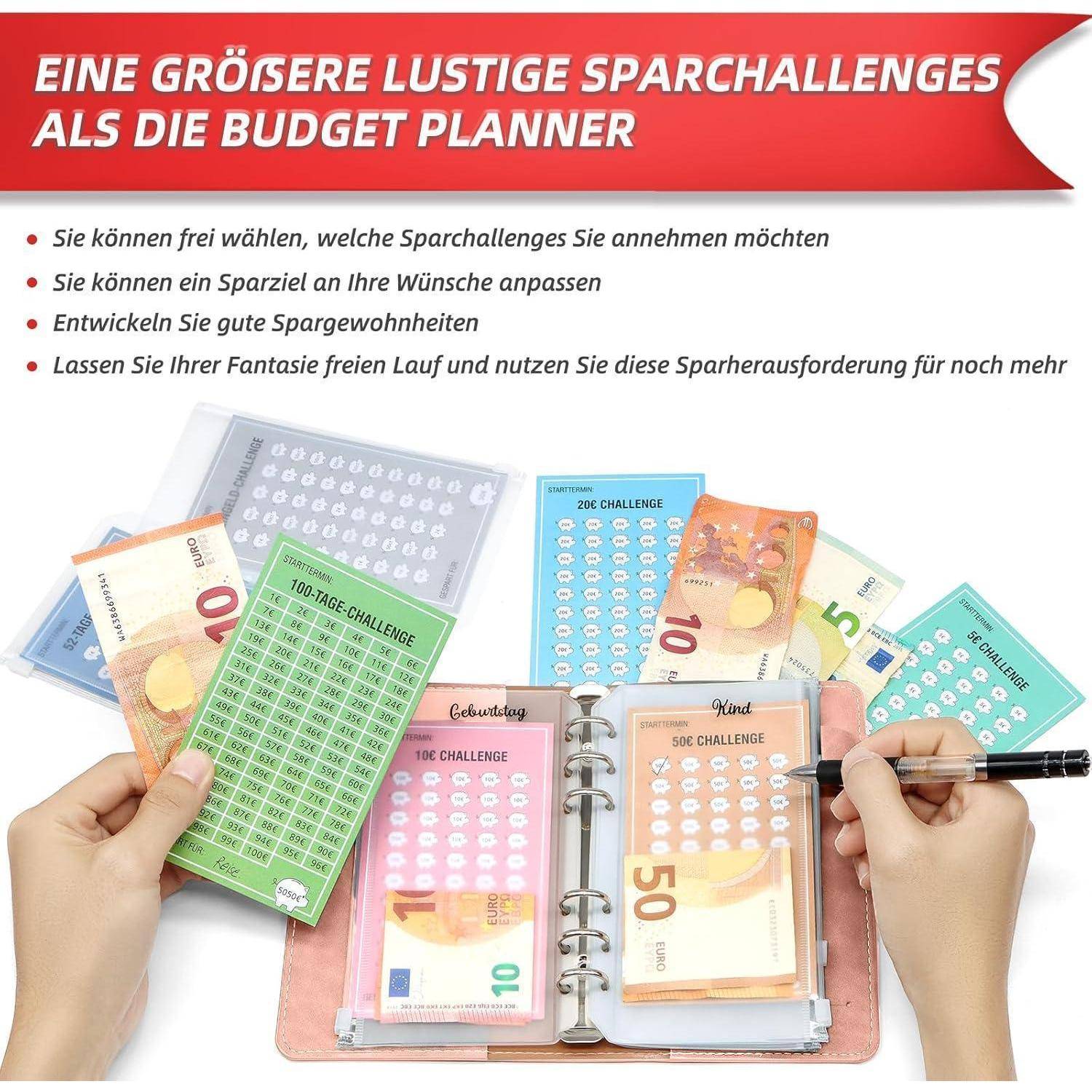 Eine größere lustige Sparherausforderung als der Budget-Planer' Textmaterial mit Beispiel-Bargeld-Umschlägen, die Sparherausforderungs-Optionen präsentieren.