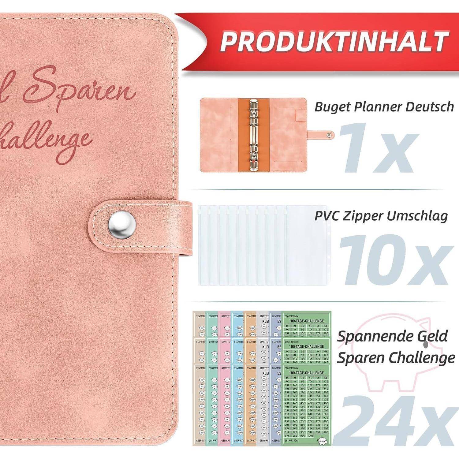 Budgetplaner-Set mit einer rosa Geldbörse mit der Aufschrift 