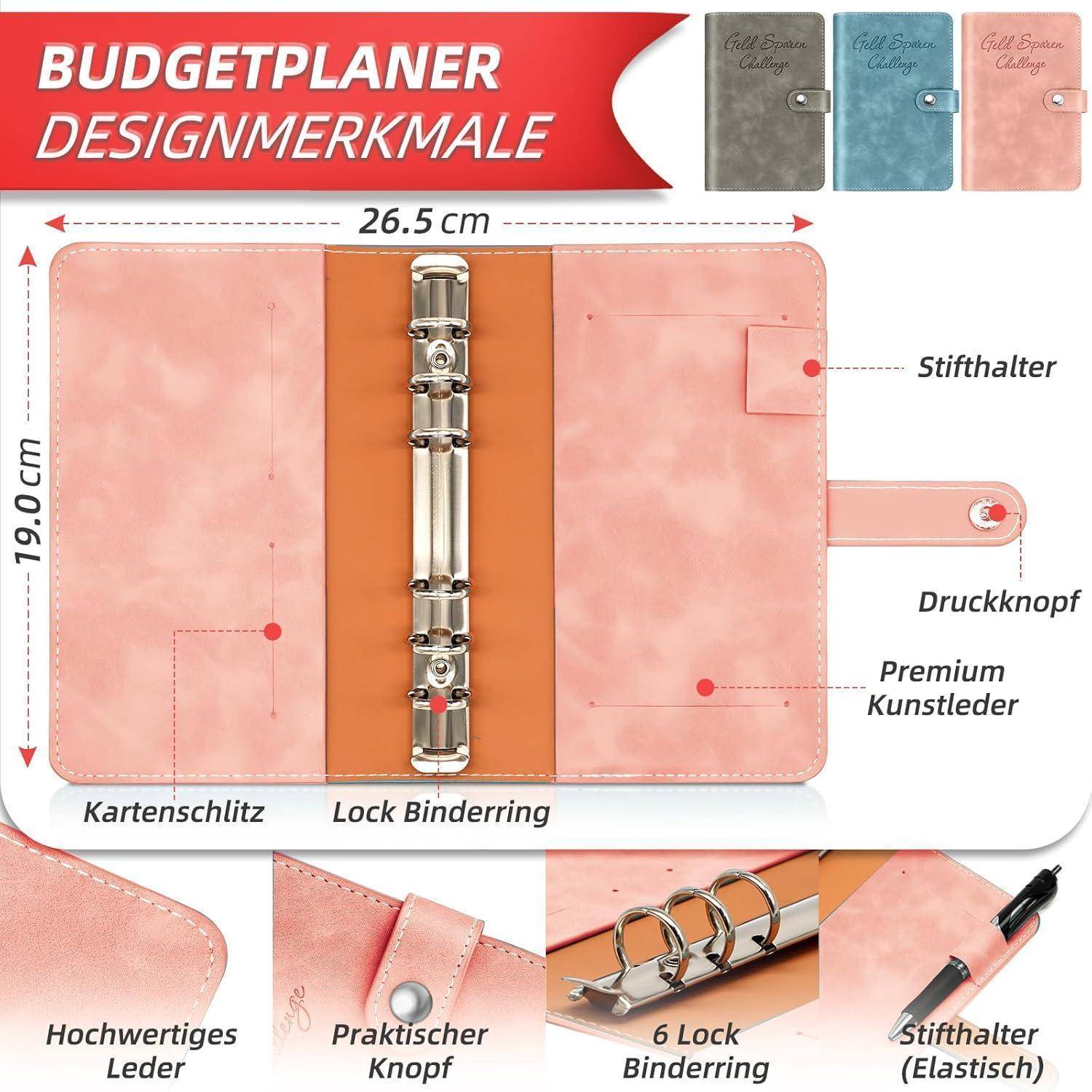 Budget-Planer' mit offener Ansicht, Ringbindung, Kartenfach, Schnappverschluss, Stifthalter. Abmessungen: 26,5 cm Höhe, 19 cm Breite. In drei Farben erhältlich.