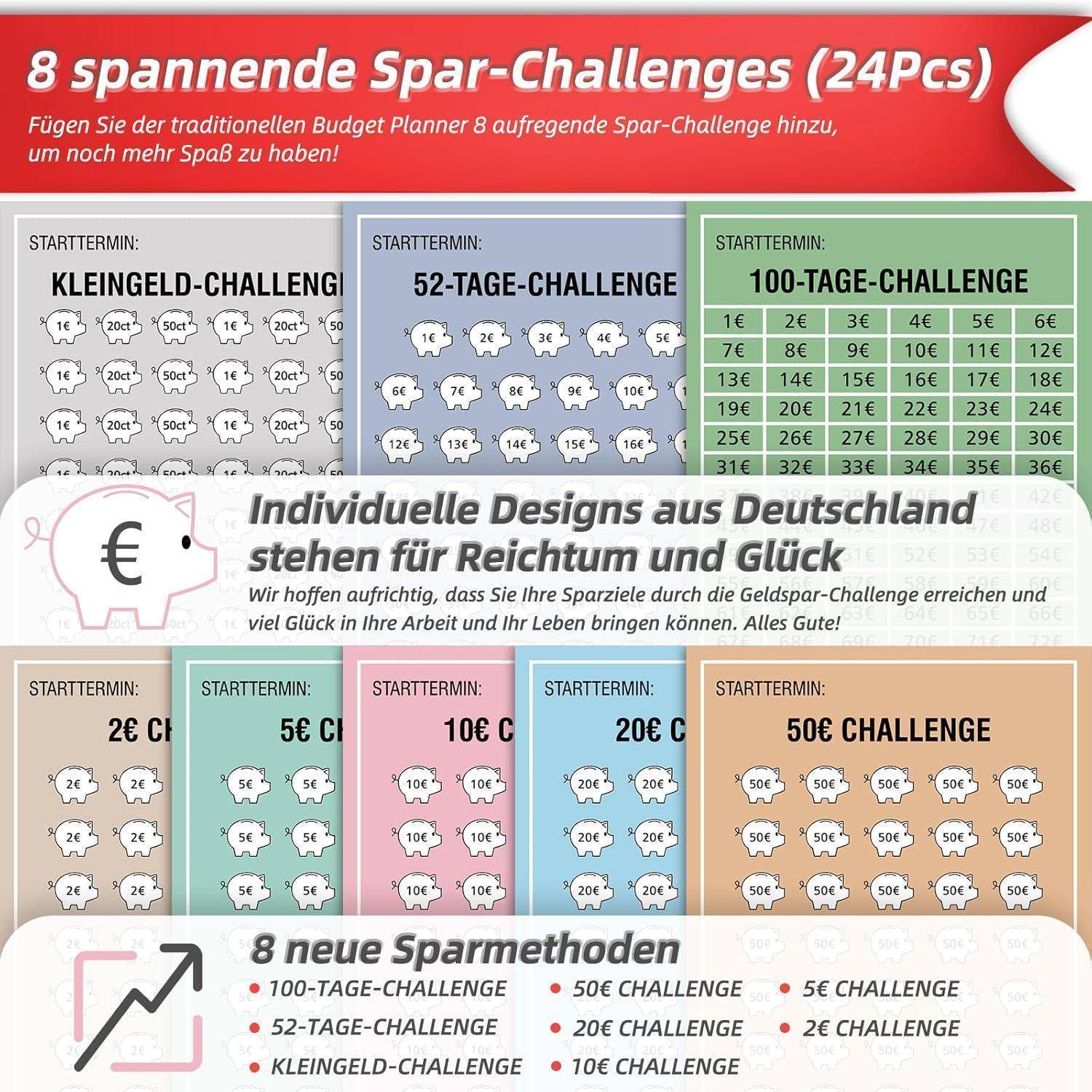 Werbebild für Budgetplaner mit verschiedenen Spar-Herausforderungen, darunter 'Kleingeld-Challenge', '52-Tage-Challenge' und weitere