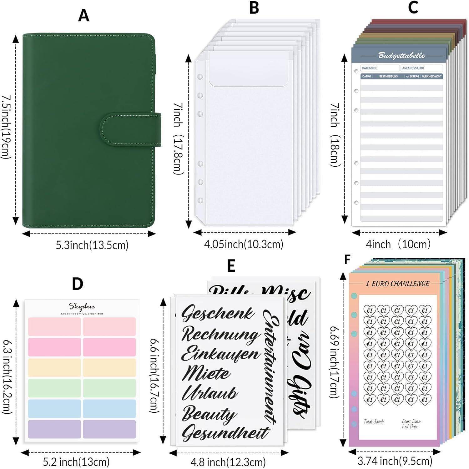 A' zeigt eine Planertasche in Grün. 'B' präsentiert transparente Dokumentenhüllen. 'C' enthält Budgetblätter. 'D' zeigt bunte Register. 'F' beinhaltet eine Währungscheckliste.