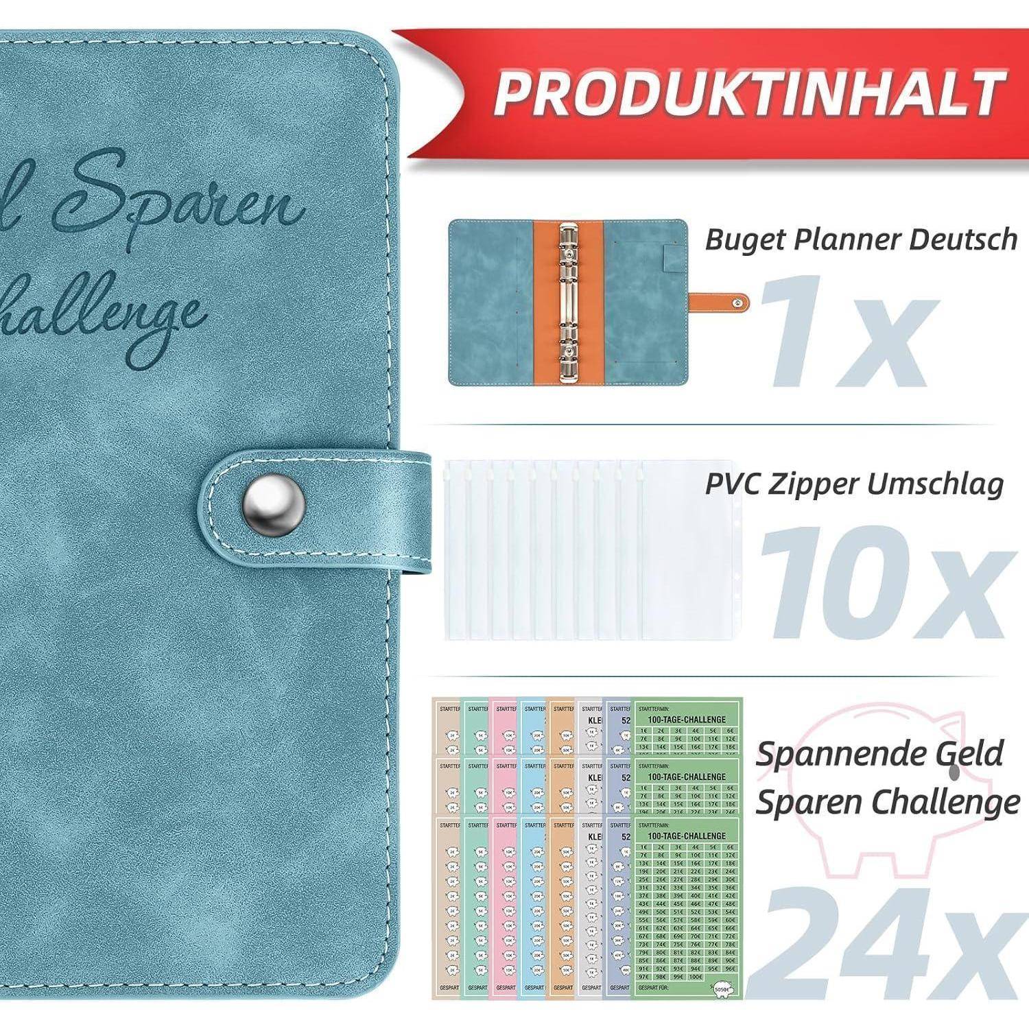 Blauer Budgetplaner mit Knopfverschluss, zusammen mit Reißverschluss-Umschlägen und Spar-Challenge-Karten. Kopfzeile lautet 'PRODUKTINHALT.