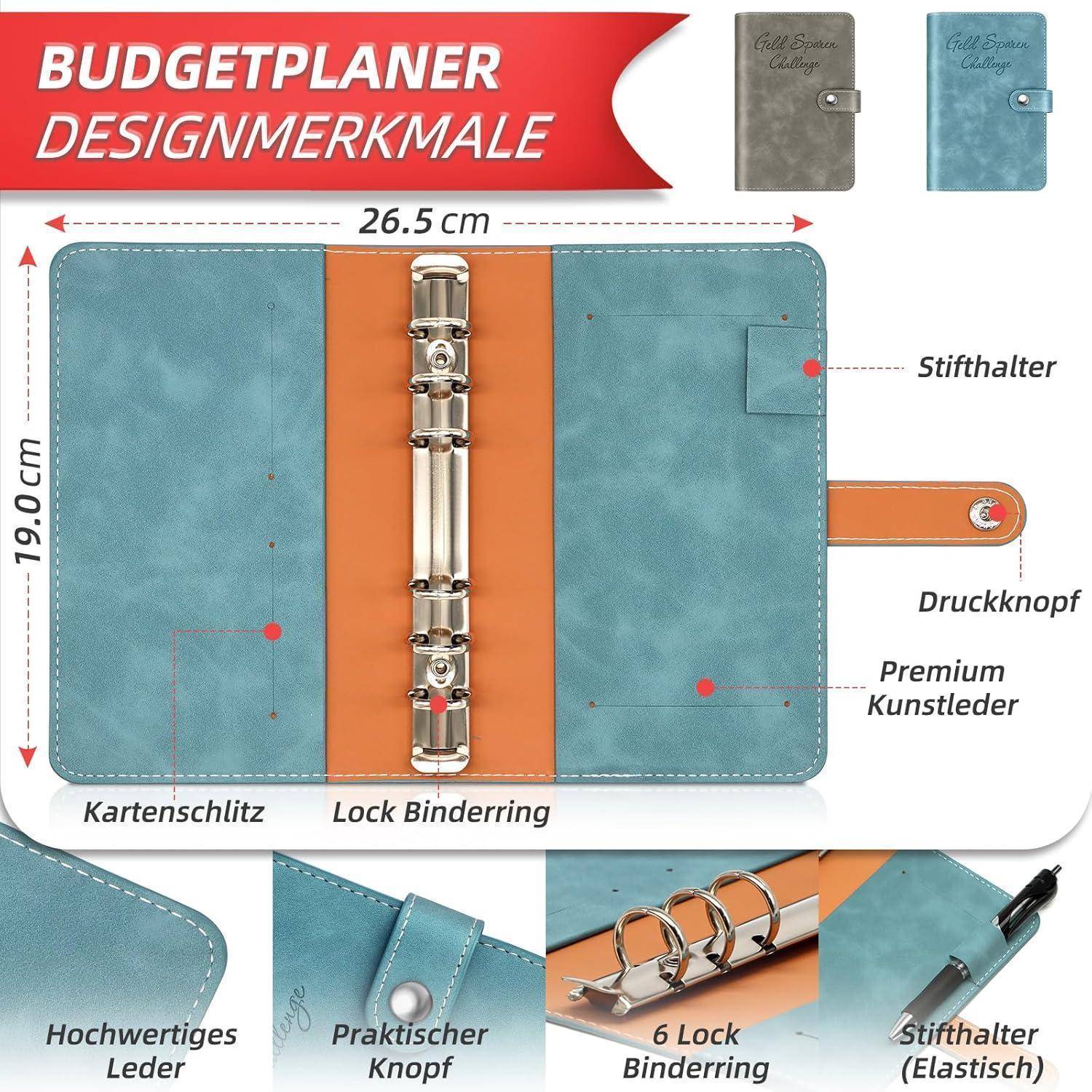 Das Bild zeigt einen geöffneten Budgetplaner mit Abmessungen von 26,5 cm x 19 cm. Zu den Merkmalen gehören ein Kartenfach, ein Stifthalter, ein Druckknopf und eine Buchbindung mit Verschluss aus hochwertigem Kunstleder.