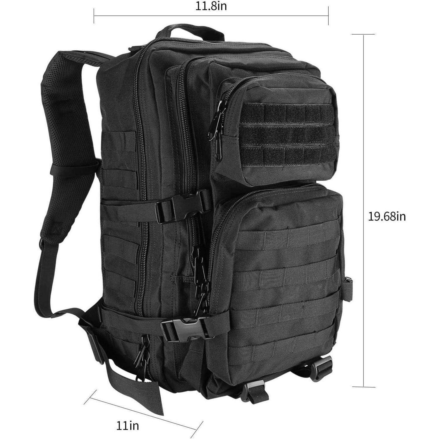 Ein schwarzer taktischer Rucksack mit mehreren Fächern und verstellbaren Trägern. Die Abmessungen betragen 11,8 Zoll B x 19,68 Zoll H x 11 Zoll T.