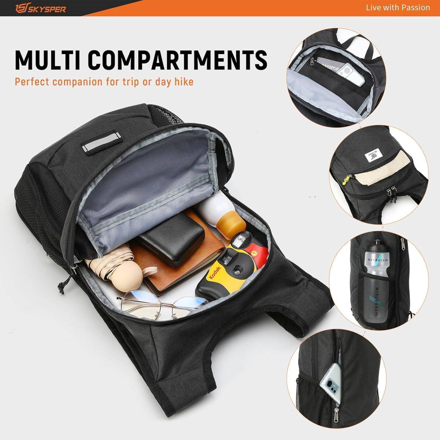 Der 'Multi Compartments' Rucksack zeigt verschiedene Fächer mit Gegenständen wie einem Telefon, einer Wasserflasche und Snacks, geeignet für Ausflüge oder Wanderungen.