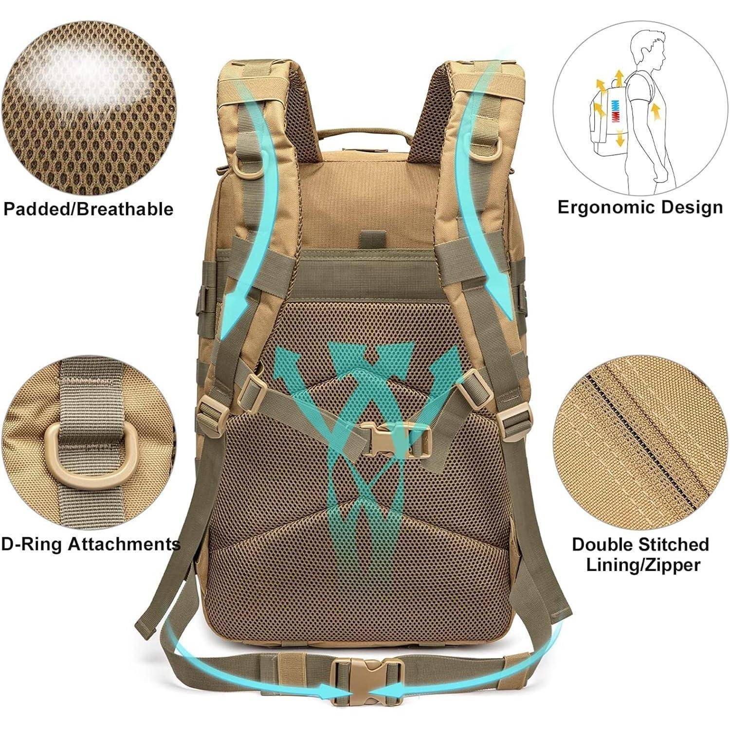 Rucksack mit ergonomischem Design, gepolsterten atmungsaktiven Abschnitten, D-Ring-Befestigungen, doppelt genähtem Futter und Reißverschluss.