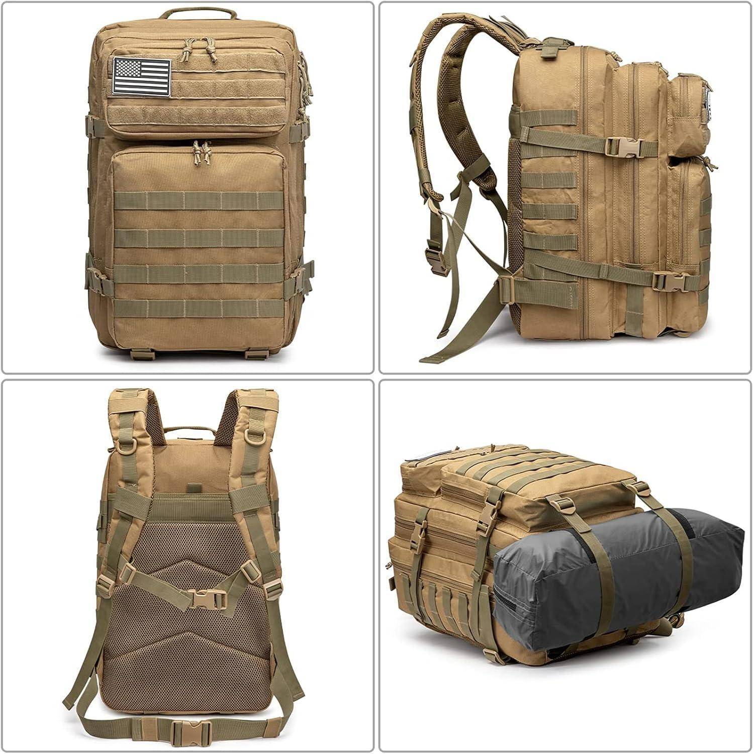 Ein taktischer Rucksack in Beige, von vier verschiedenen Blickwinkeln gezeigt, mit mehreren Fächern, verstellbaren Trägern und einem angebrachten Flaggenabzeichen.