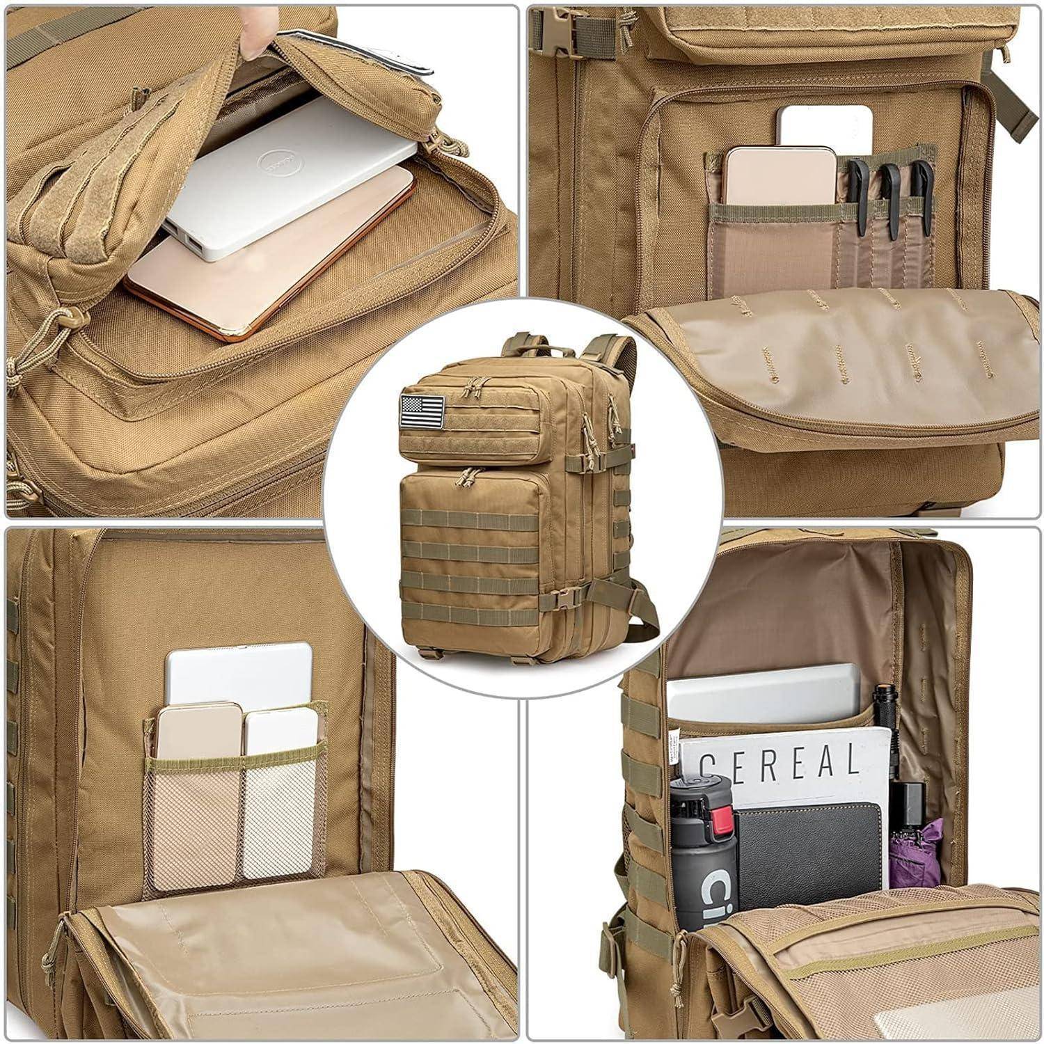 Ein beige-brauner taktischer Rucksack mit mehreren Fächern. Er fasst einen Laptop, Notizbücher, Stifte, eine Flasche und eine amerikanische Flaggen-Aufnäher.