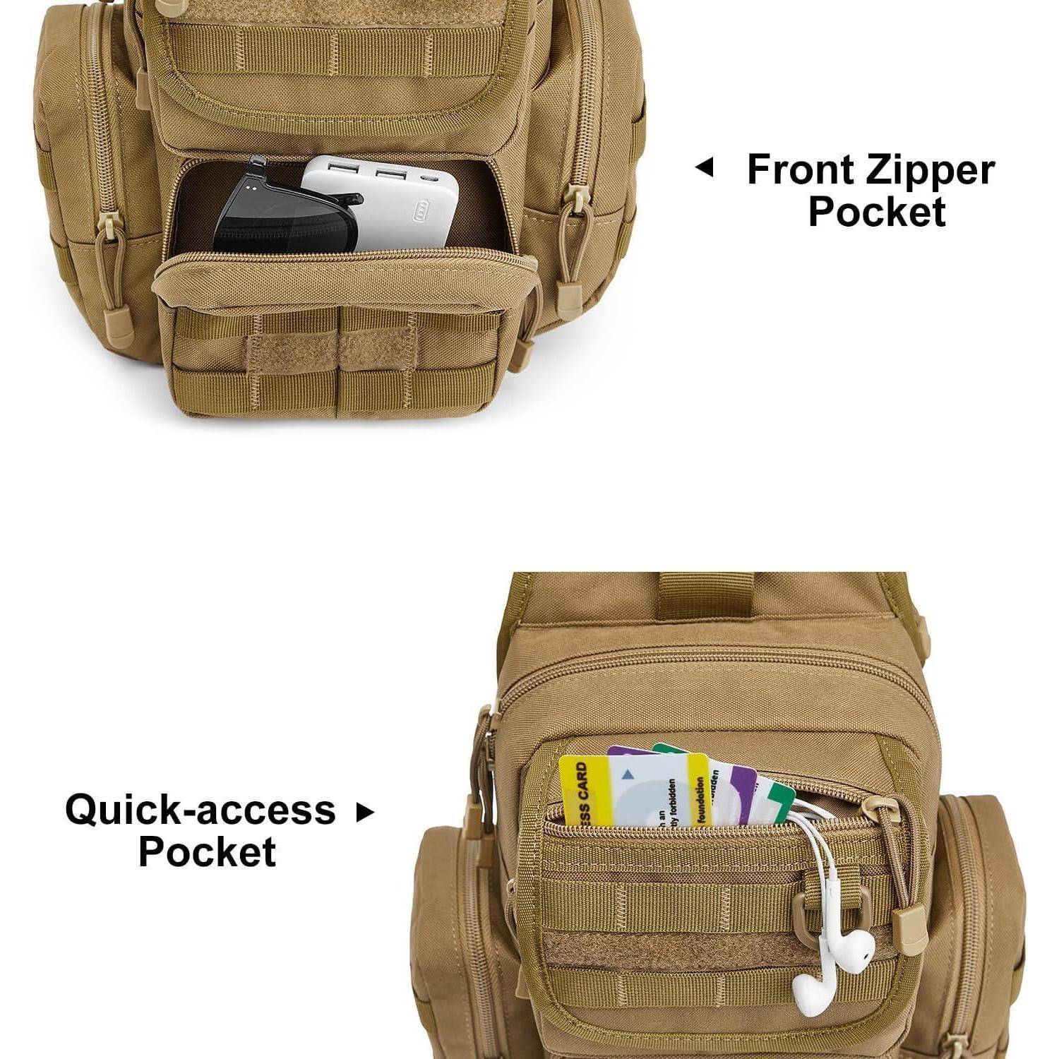 Ein beige-brauner Rucksack mit mehreren Taschen, ausgestattet mit einer Reißverschlusstasche an der Vorderseite zum Verstauen einer Powerbank sowie einer beschrifteten Schnellzugriffstasche für Karten und Kopfhörer.