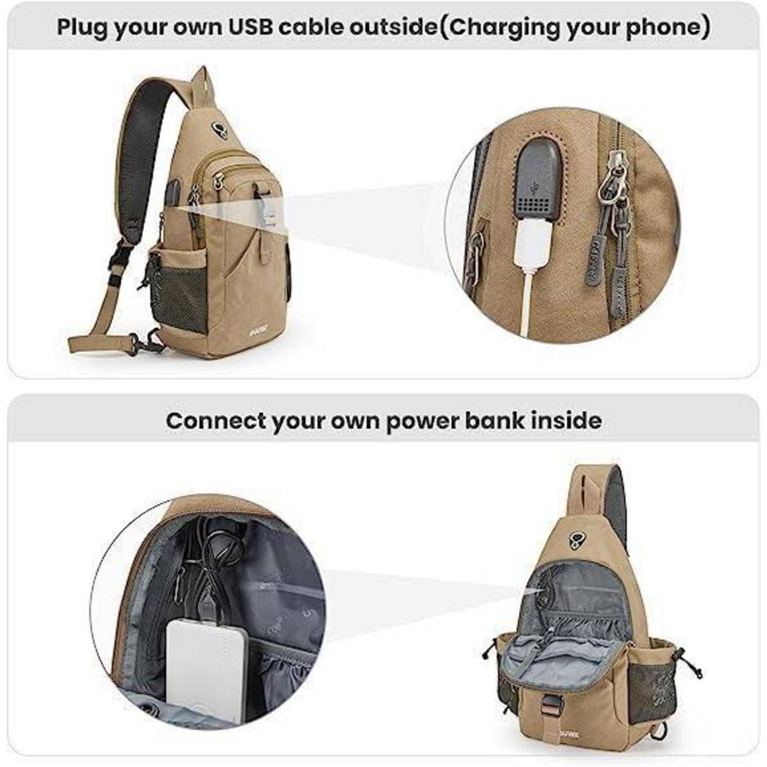Bild zeigt einen beigen Rucksack mit USB-Ladefunktion. Oben: USB-Anschluss an der Außenseite. Unten: Innere Tasche zur Aufbewahrung eines Powerbanks zum Laden.