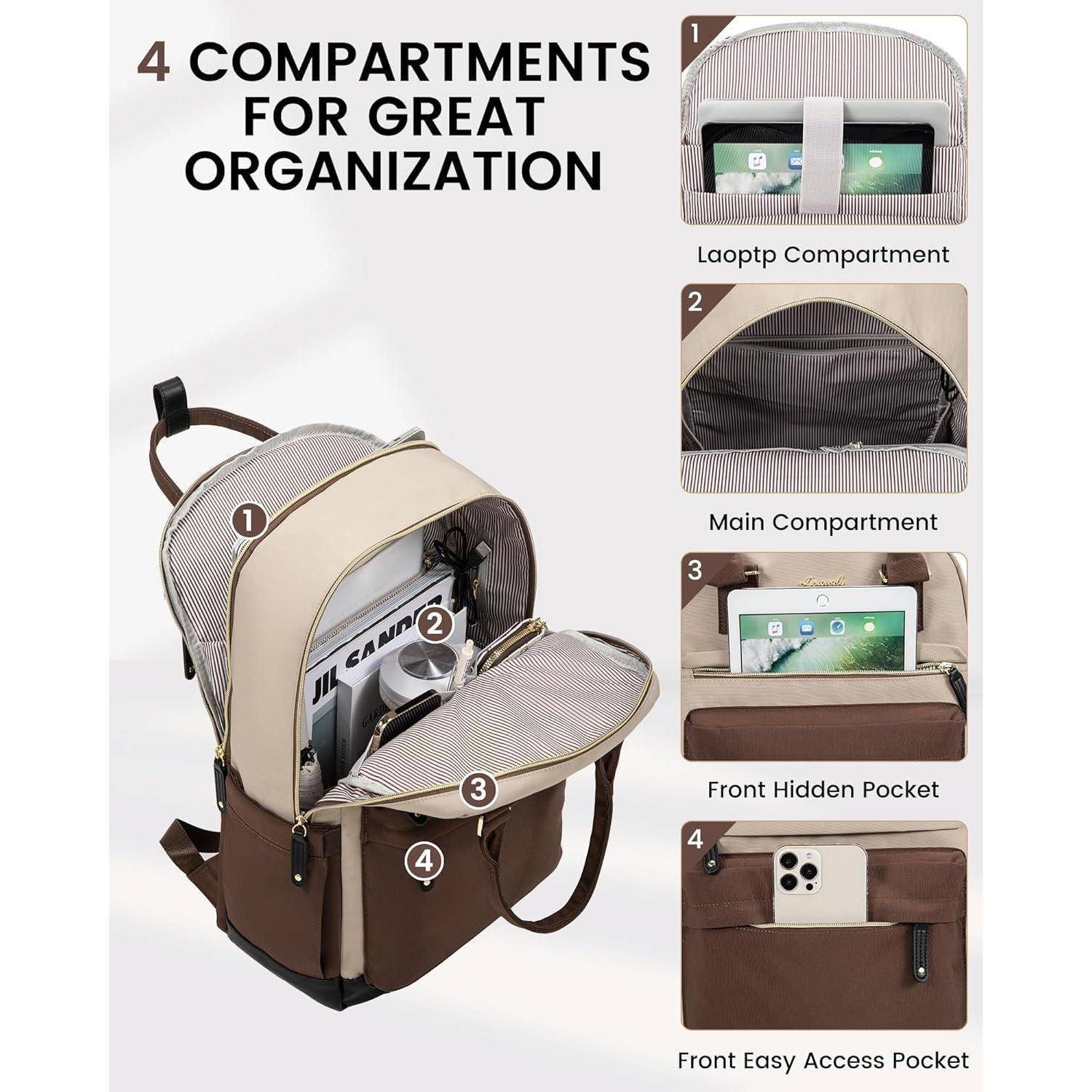 Arbeitstasche Damen 15,6 Zoll Laptop Rucksack Wasserdicht Braun