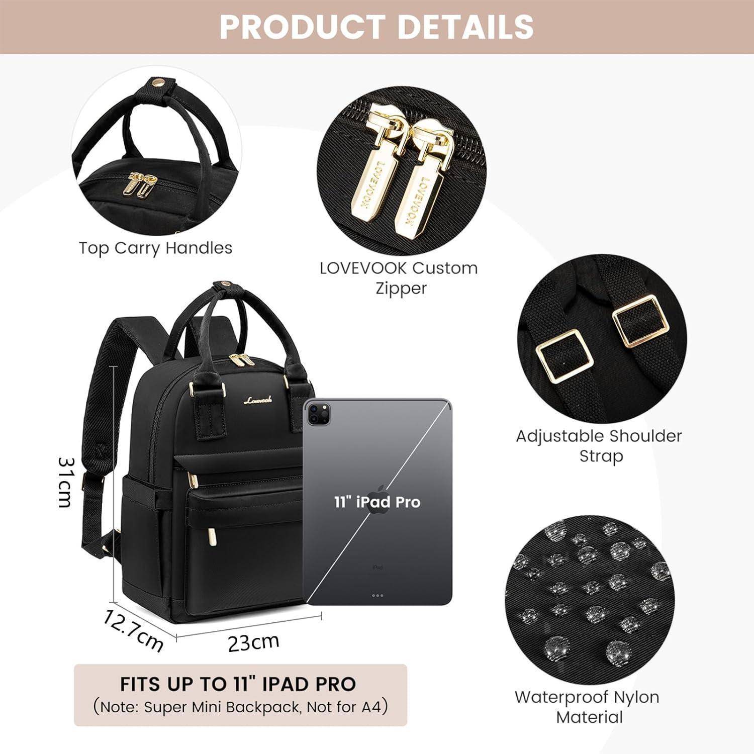 Damen Mini Rucksack Schwarz Wasserdicht Daypack Handtasche 2 in 1