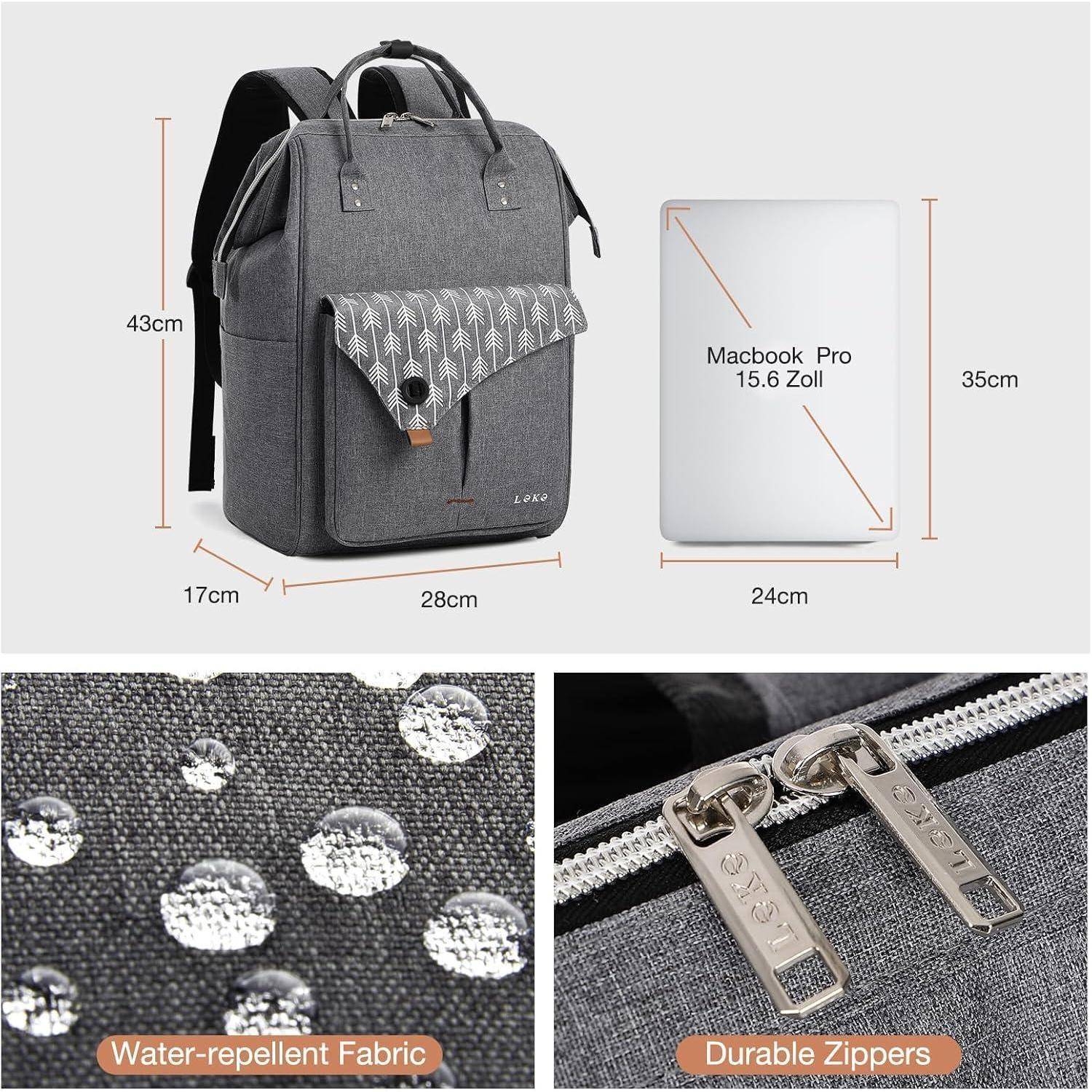 Ein grauer Rucksack wird mit folgenden Abmessungen gezeigt: 43 cm Höhe, 28 cm Breite, 17 cm Tiefe. Zu den Merkmalen gehören wasserabweisende Stoff und robuste Reißverschlüsse. Ein MacBook Pro 15,6 Zoll, 35 cm x 24 cm, passt hinein.