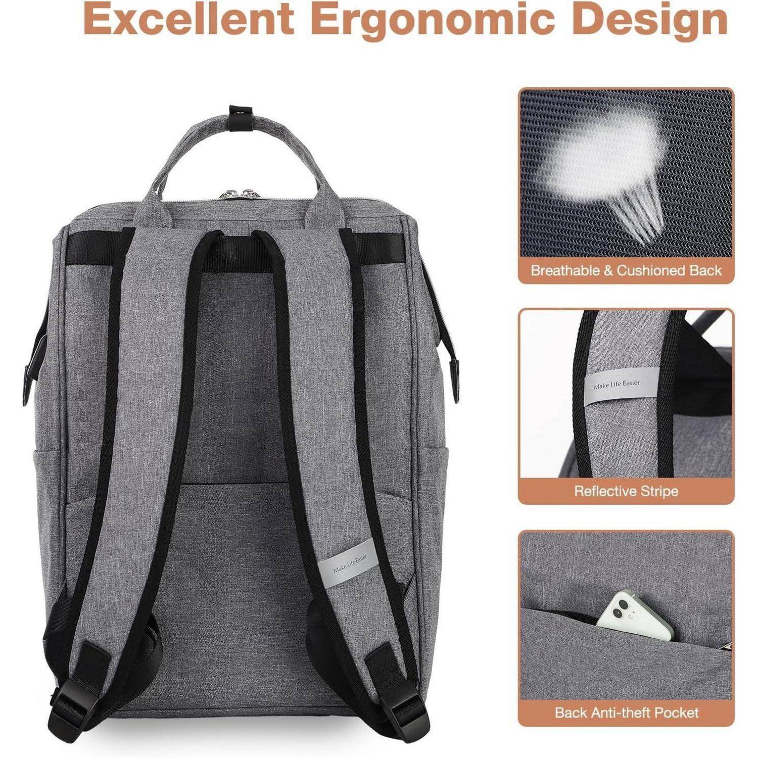 Grauer Rucksack mit ergonomischem Design. Merkmale umfassen gepolsterten, atmungsaktiven Rücken, reflektierende Streifen und diebstahlsicheres Rückenfach.