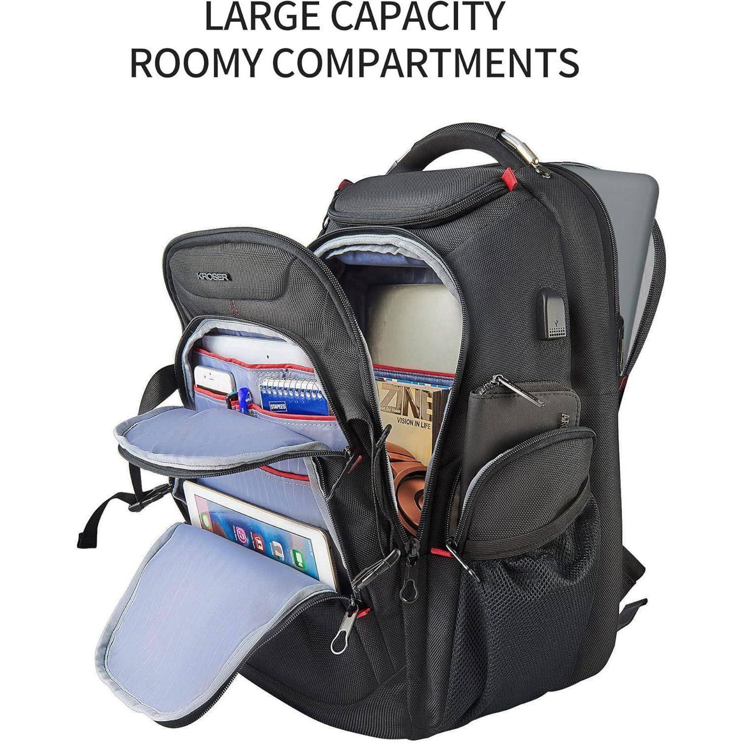 Rucksack mit offenen Fächern, in denen Bücher, ein Tablet und andere Gegenstände zu sehen sind, mit der Beschriftung 