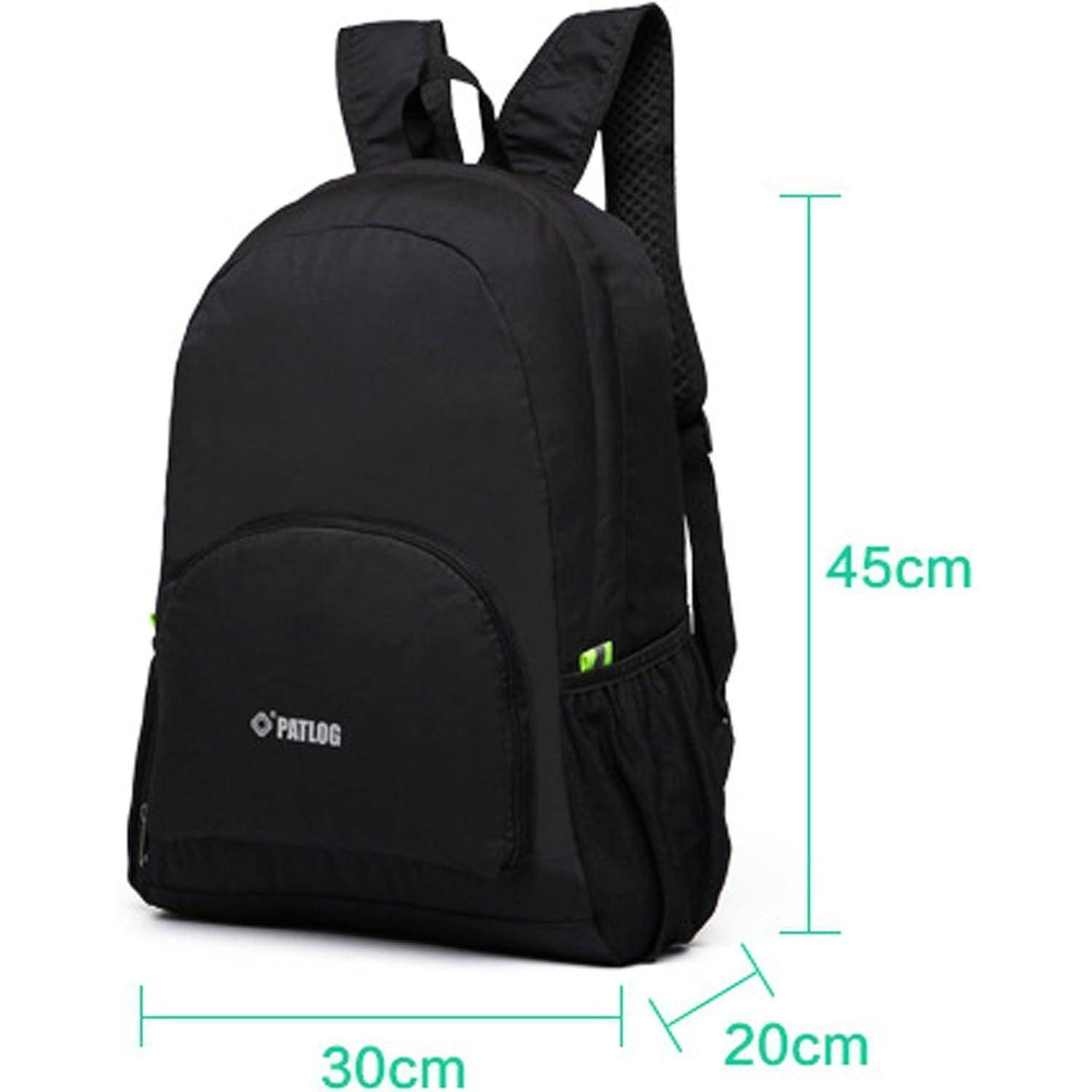 Schwarzer Rucksack mit 'Patlog'-Logo. Abmessungen: 45 cm hoch, 30 cm breit und 20 cm tief. Ausgestattet mit gepolsterten Trägern und Seitentaschen.