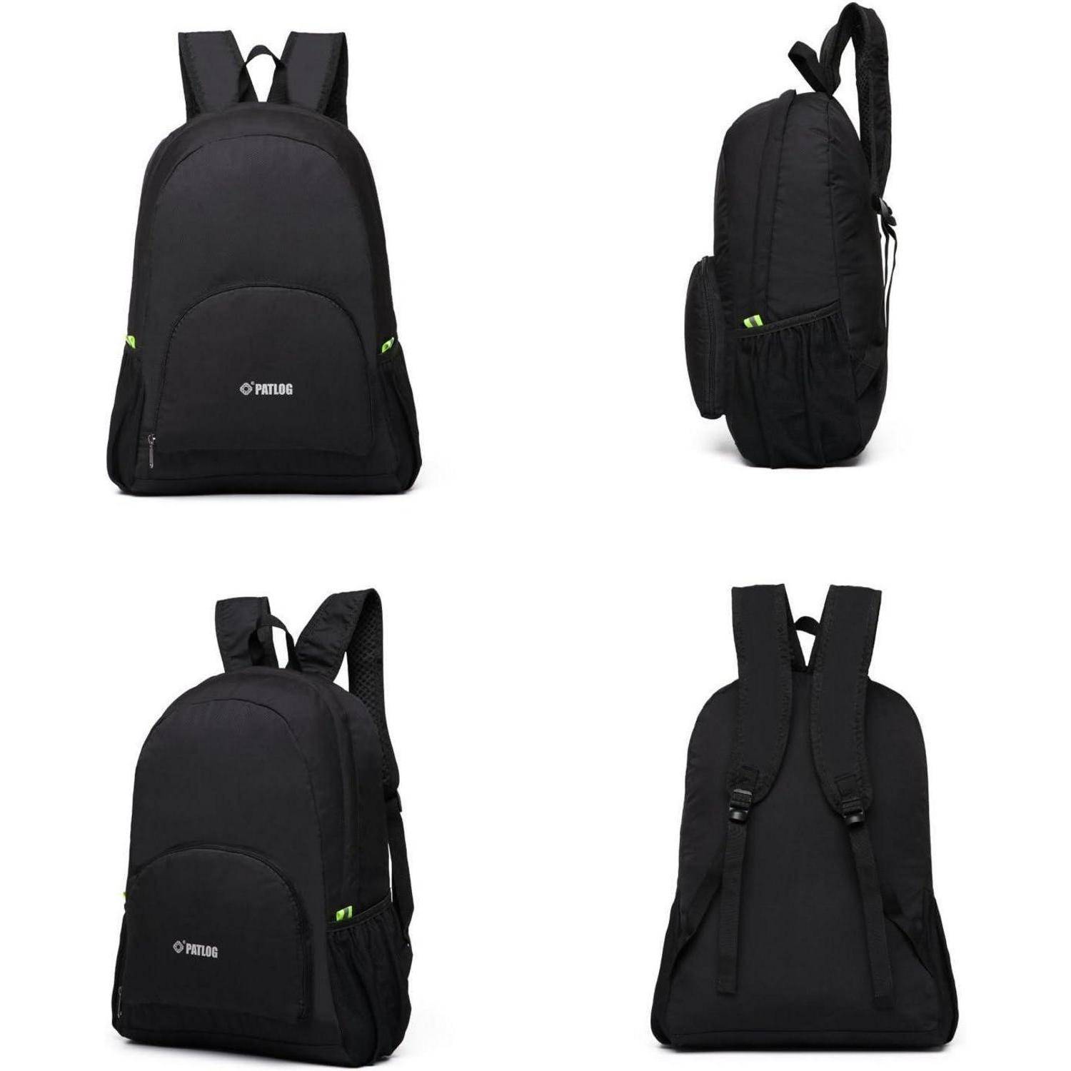 Schwarzer Rucksack von vorne, von der Seite und von hinten gezeigt. Merkmale sind ein kompaktes Design, verstellbare Riemen und ein Logo auf der Vorderseite.