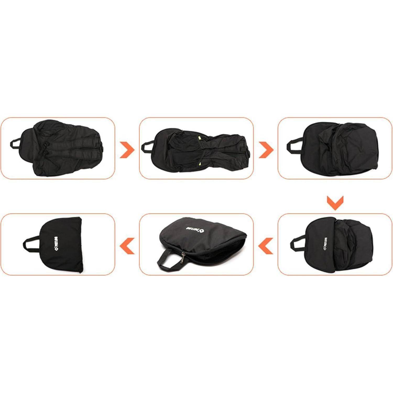 Faltschritte für zusammenlegbare Tasche: Tasche flach ausbreiten, Seiten nach innen falten, fest aufrollen, in die Hülle stecken und reißverschluss schließen.