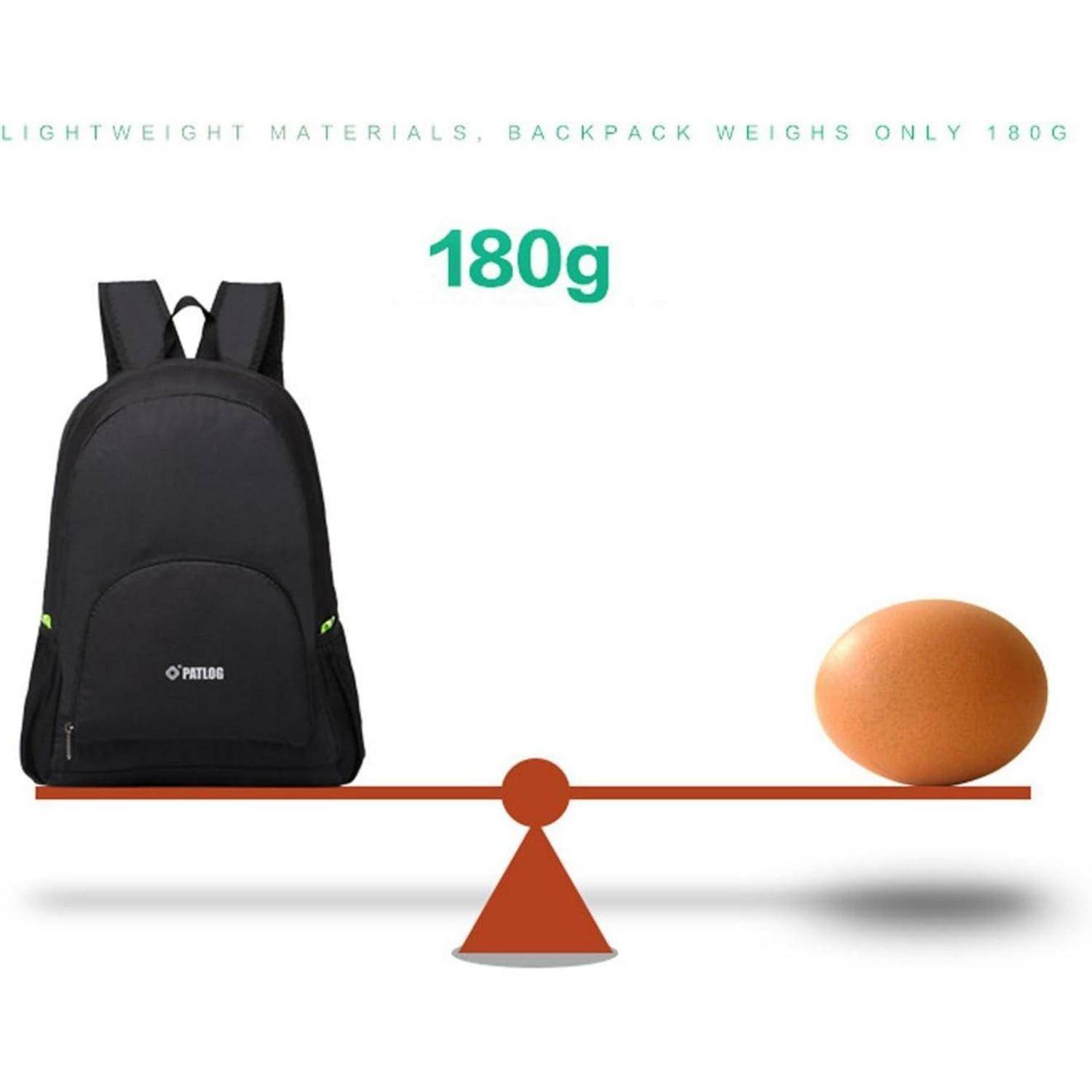 Ein schwarzer Rucksack auf einer Balancewaage, der einem Ei gegenüberliegt, was seine leichte Beschaffenheit von 180g verdeutlicht, mit dem Text 