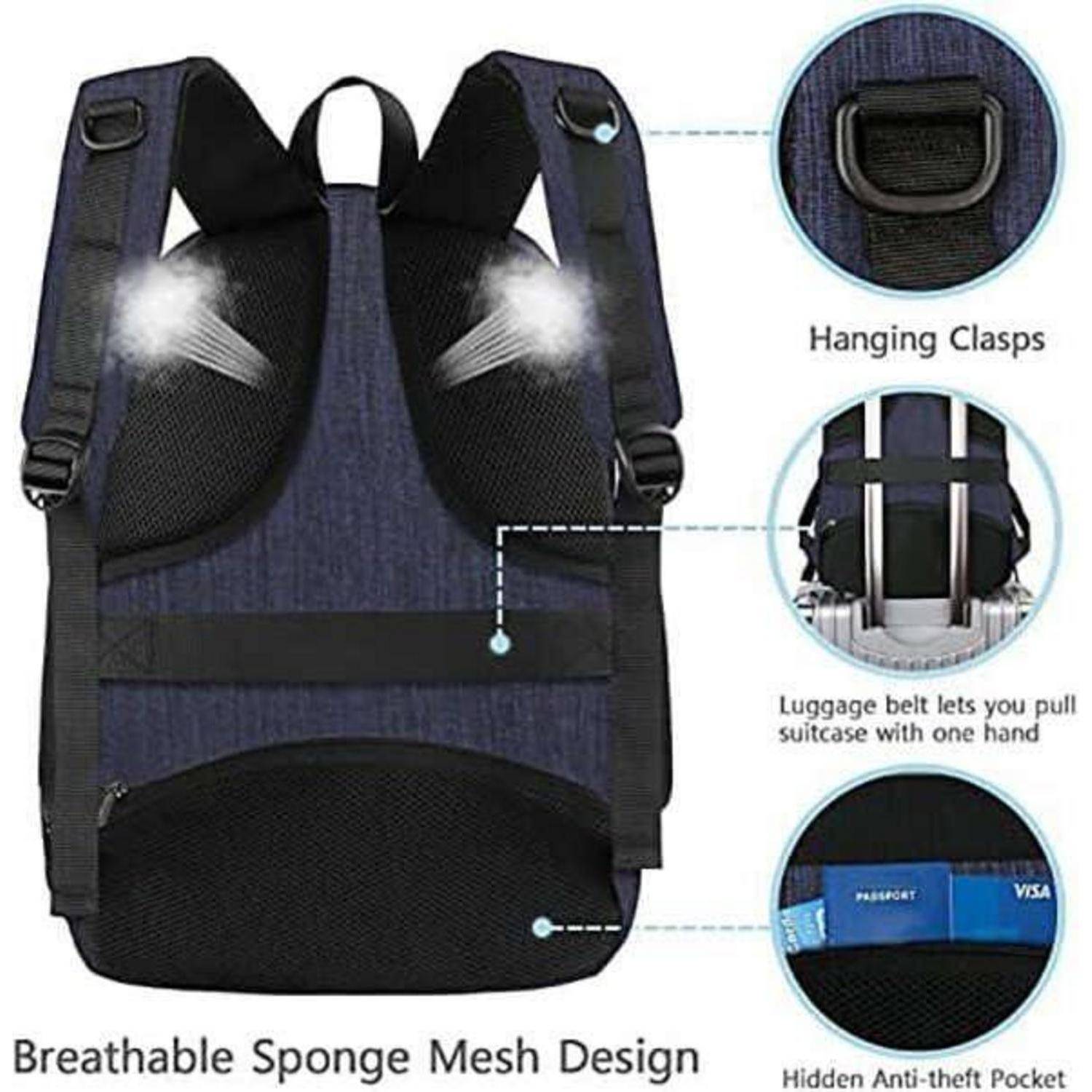 Rucksack mit atmungsaktivem Schwamm-Netzdesign, Aufhängeösen, Gepäckgurt zum Befestigen an Koffern und versteckter Diebstahlschutz-Tasche.