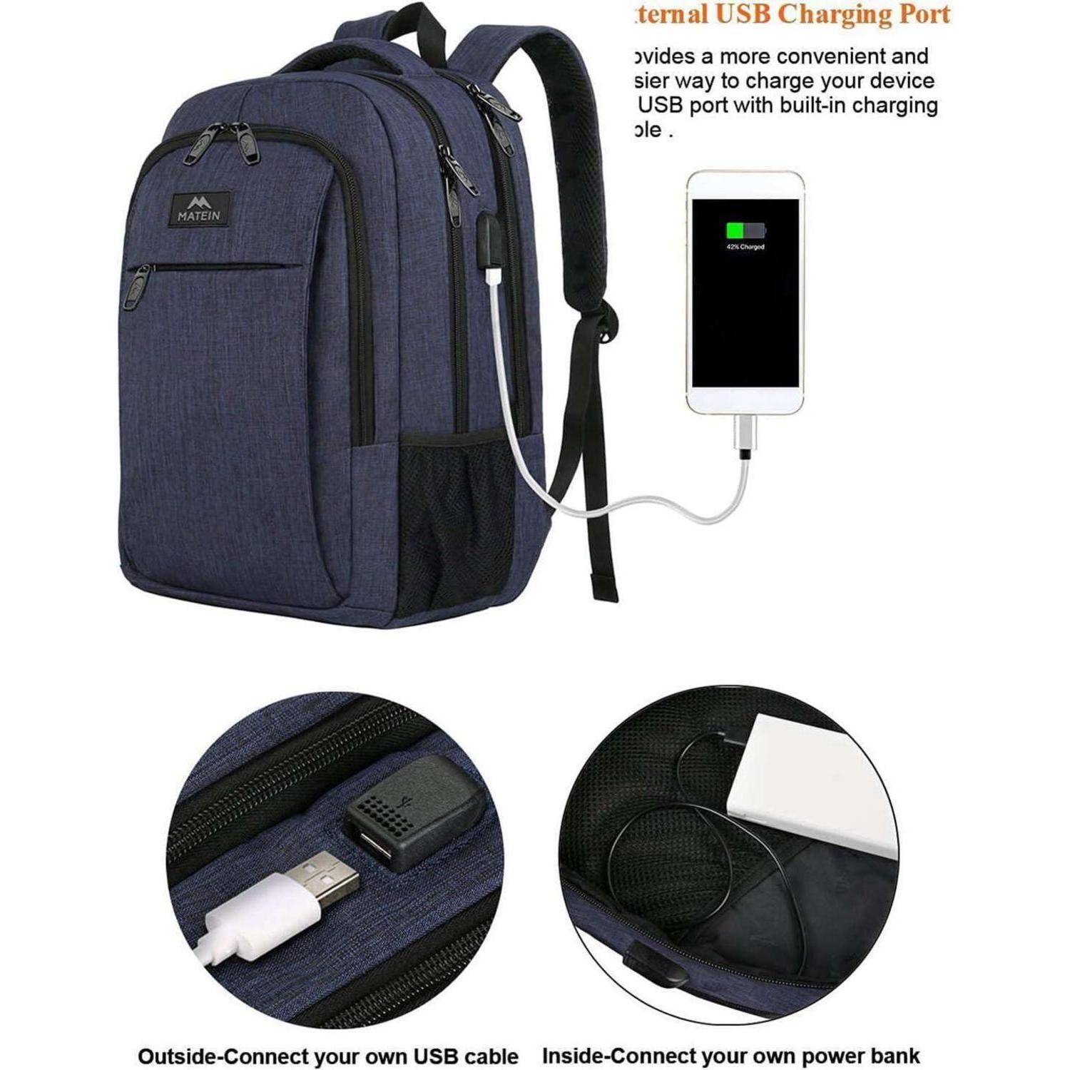 Marineblauer Rucksack mit integriertem externen USB-Ladeanschluss. Enthält Abbildungen, die USB-Anschlüsse im Inneren und Außenbereich des Rucksacks zeigen.