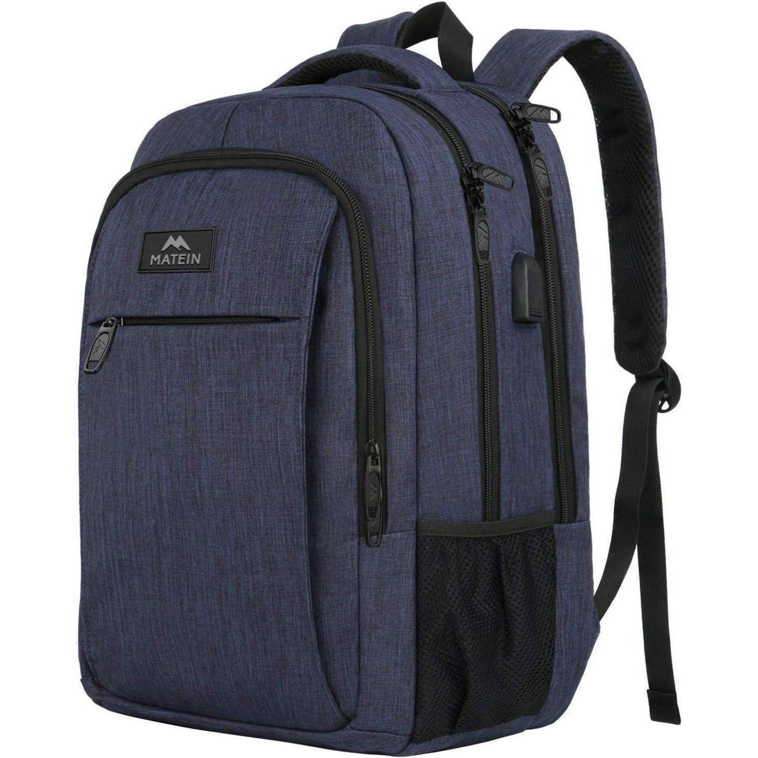 Ein blauer Rucksack mit mehreren Fächern, seitlicher Meshfasche und einem USB-Anschluss, geeignet für Reisen oder den Schulalltag.