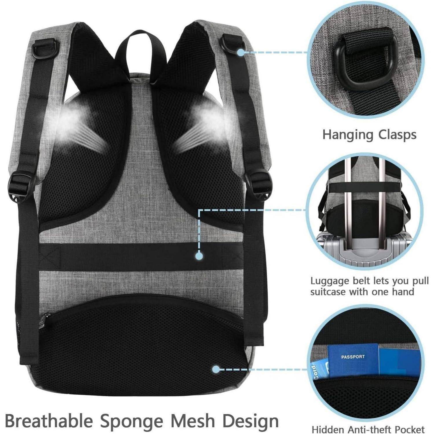 Daypack Laptop Rucksack 17,3 Zoll Anti Diebstahl USB Grau Herren