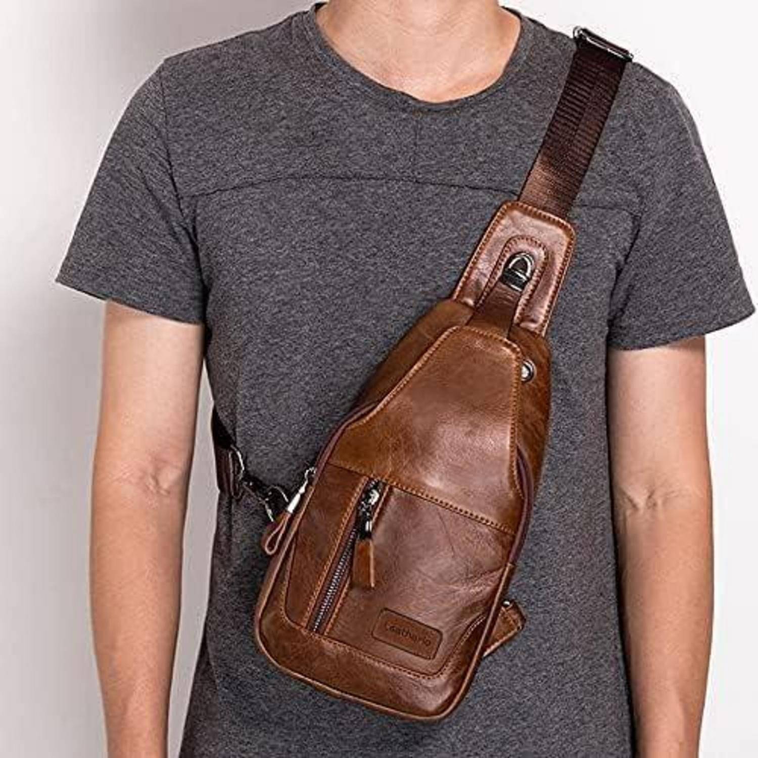 Brusttasche Herren echtes Leder Schultertasche Sporttasche - Braun