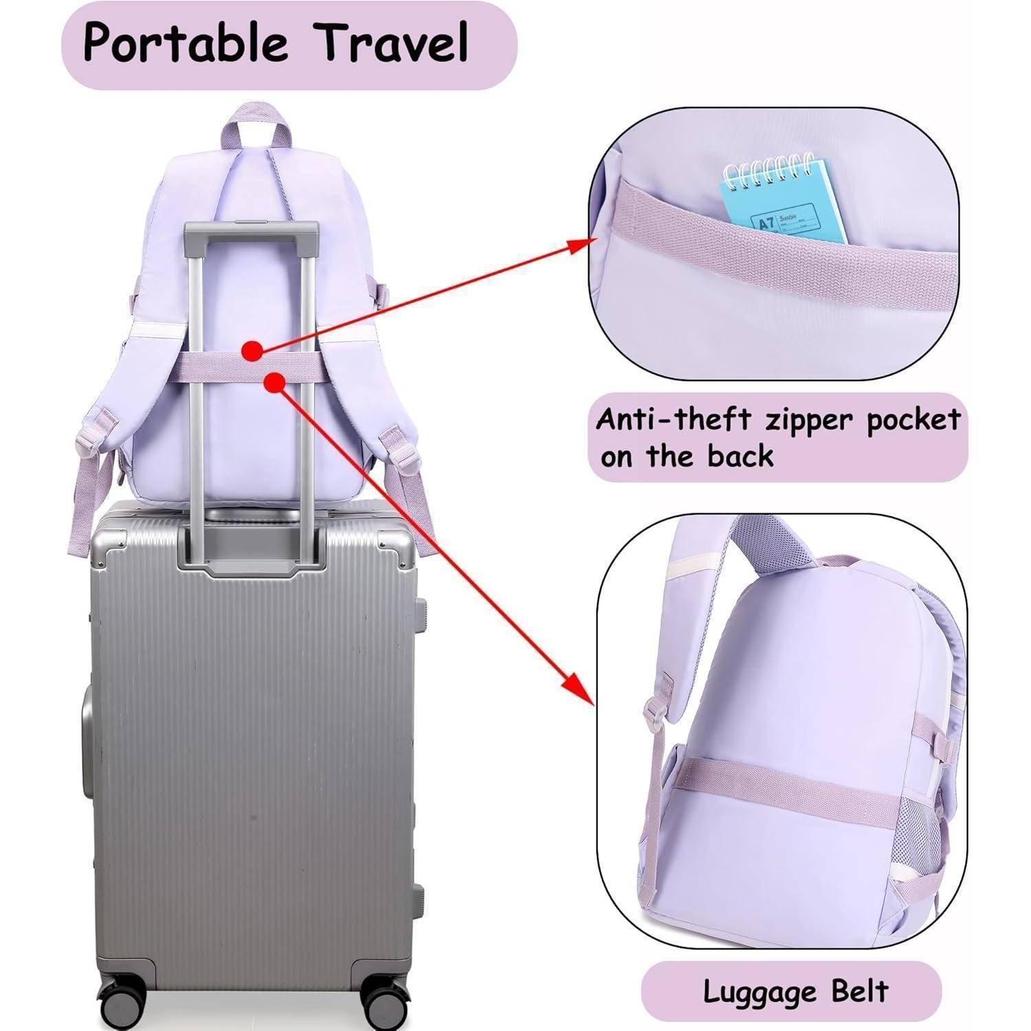 Ein lila Rucksack mit einer Diebstahlsicheren Reißverschlusstasche ist an silbernem Gepäck befestigt. Pfeile markieren die Tasche und den Gepäckgurt. Der Text lautet „Tragbares Reisen