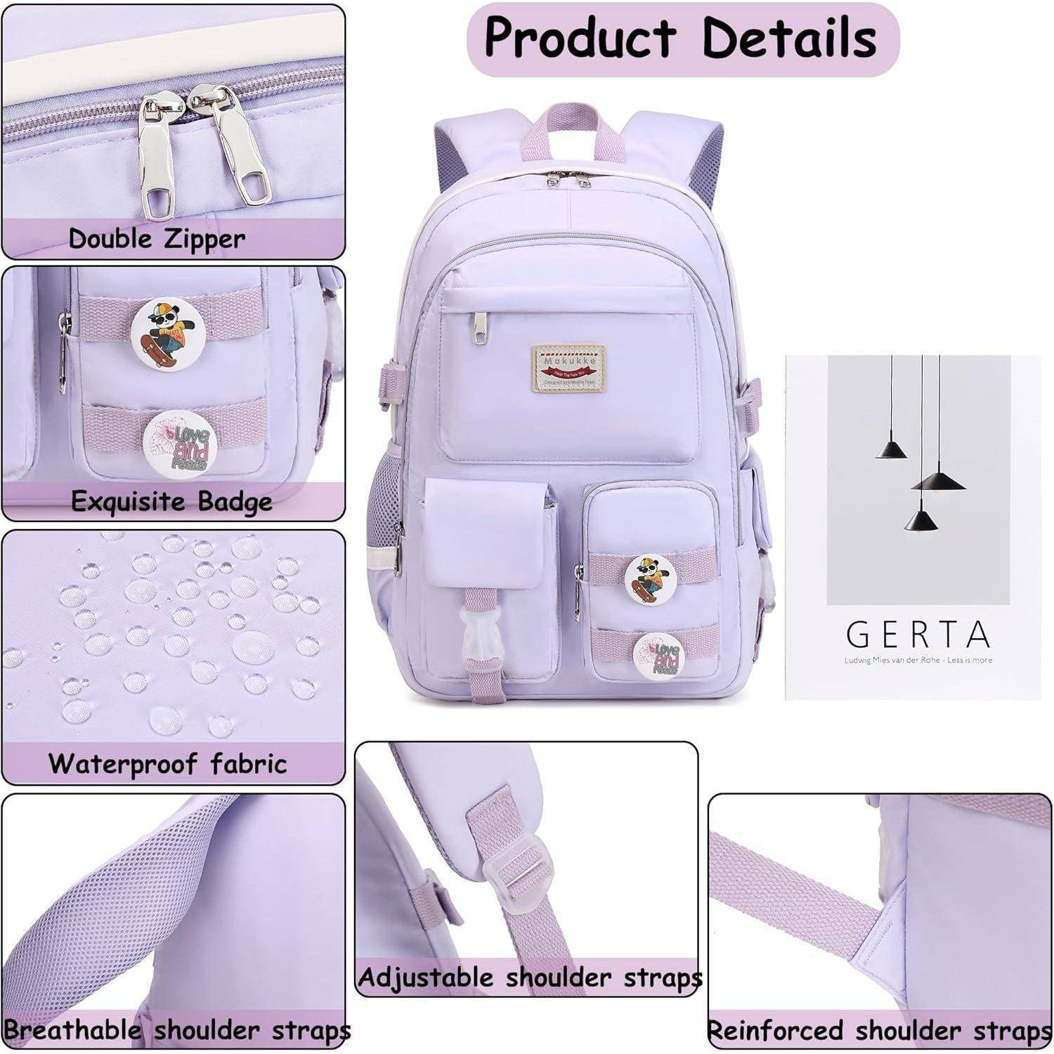 Ein Lavendelrucksack mit mehreren Fächern und Abzeichen. Zu den Merkmalen gehören Doppelreißverschlüsse, wasserdichter Stoff, verstärkte Träger und verstellbare Schulterriemen.