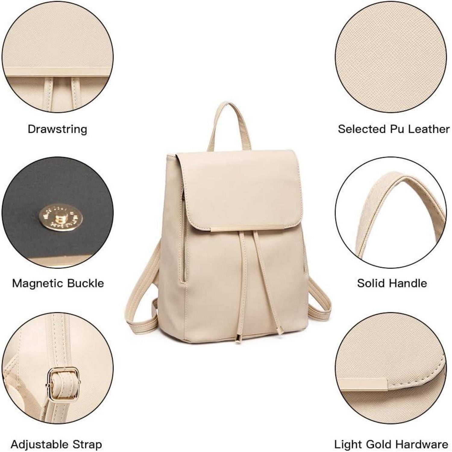 Beiger Rucksack mit verstellbarem Riemen, stabiler Handschlaufe, Kordelzugverschluss, magnetischer Schnalle und leicht goldfarbener Beschlägen, gefertigt aus ausgewähltem PU-Leder.