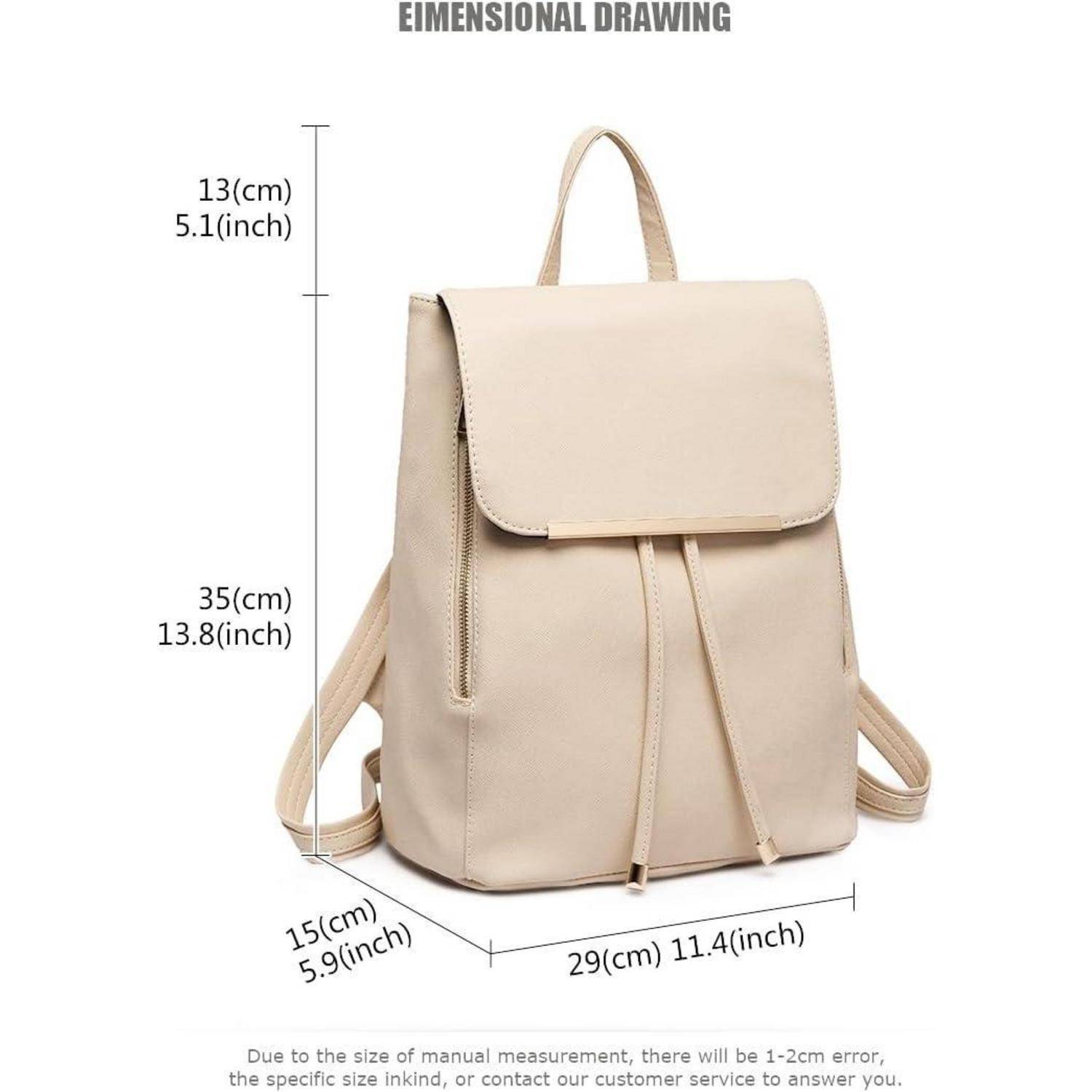 Beiger Rucksack mit Maßen: Höhe 35 cm (13,8 Zoll), Breite 29 cm (11,4 Zoll), Tiefe 15 cm (5,9 Zoll).