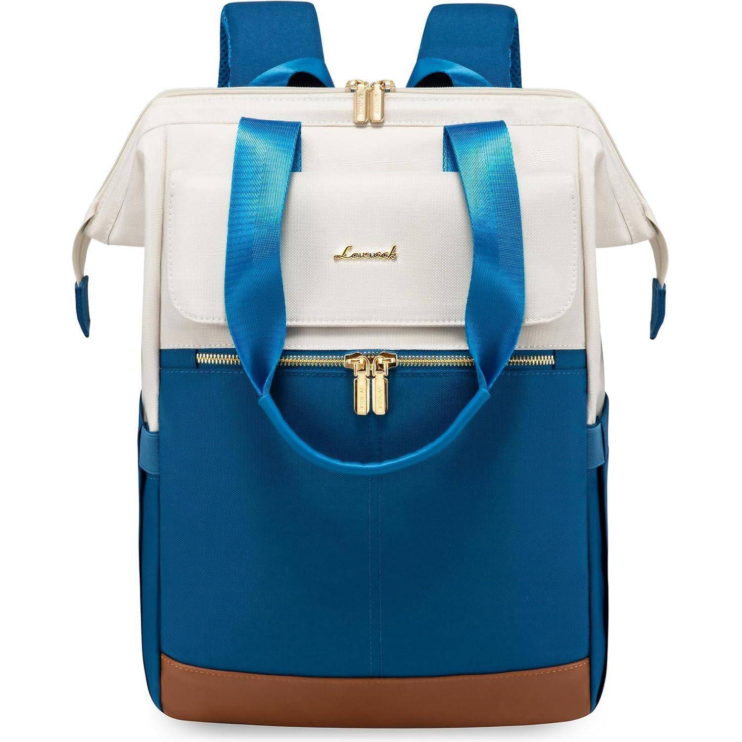 Ein stilvoller Rucksack in Blau und Weiß mit braunen Akzenten und goldenen Reißverschlüssen, ausgestattet mit Tragegriffen und verstellbaren Trägern.