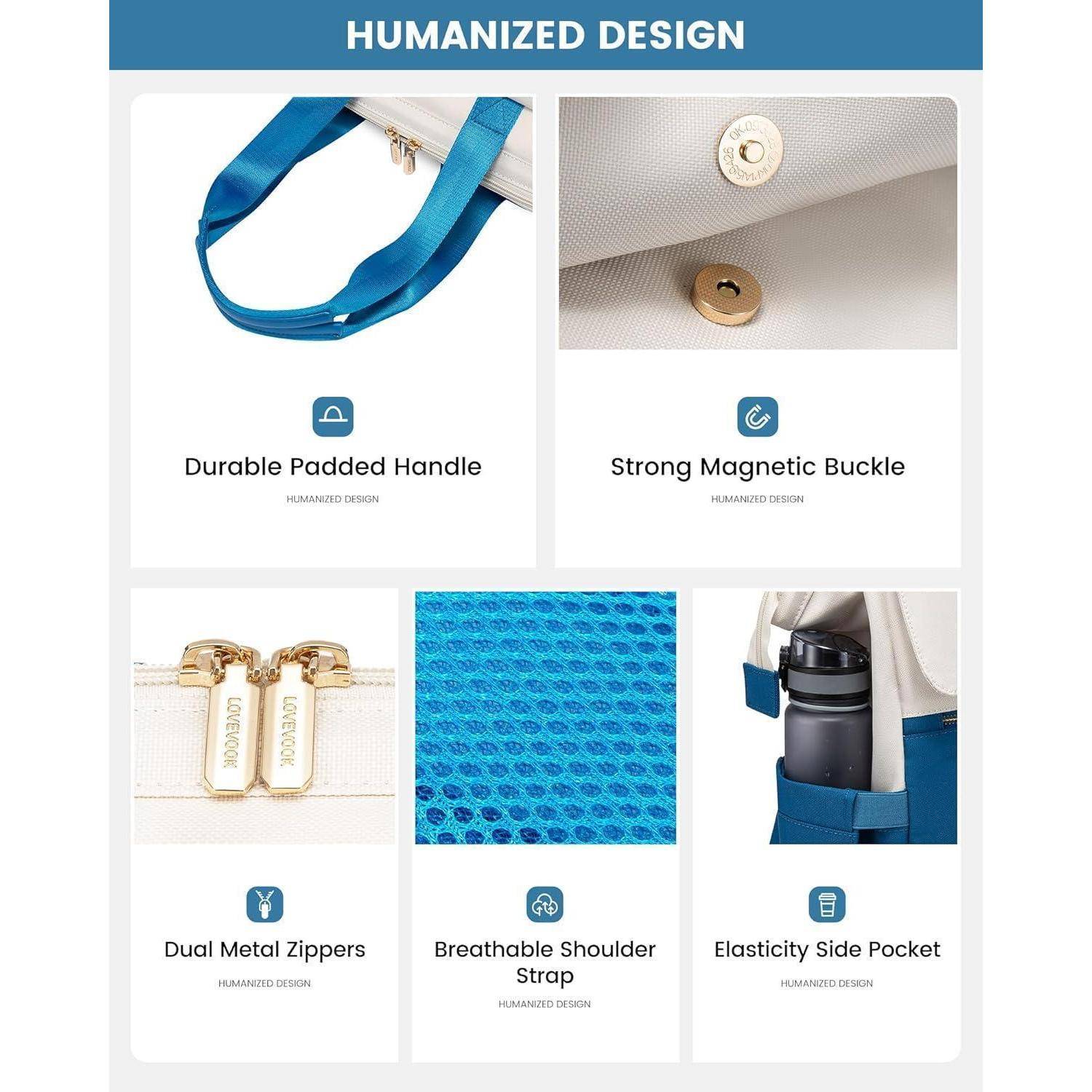 Humanisiertes Design'-Merkmale einer Tasche: robuster gepolsterter Griff, starke magnetische Schnalle, zwei Metallreißverschlüsse, atmungsaktiver Schultergurt und elastische Seitentasche.
