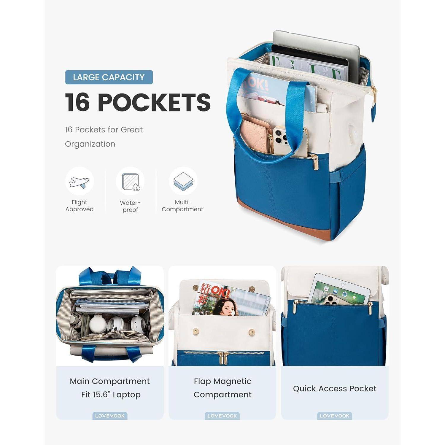 Blau-weiße Tasche mit der Aufschrift '16 Taschen', die Fächer für einen 15,6-Zoll-Laptop, Telefon und Zeitschriften präsentiert. Die Funktionen sind flugzeugtauglich und wasserdicht.
