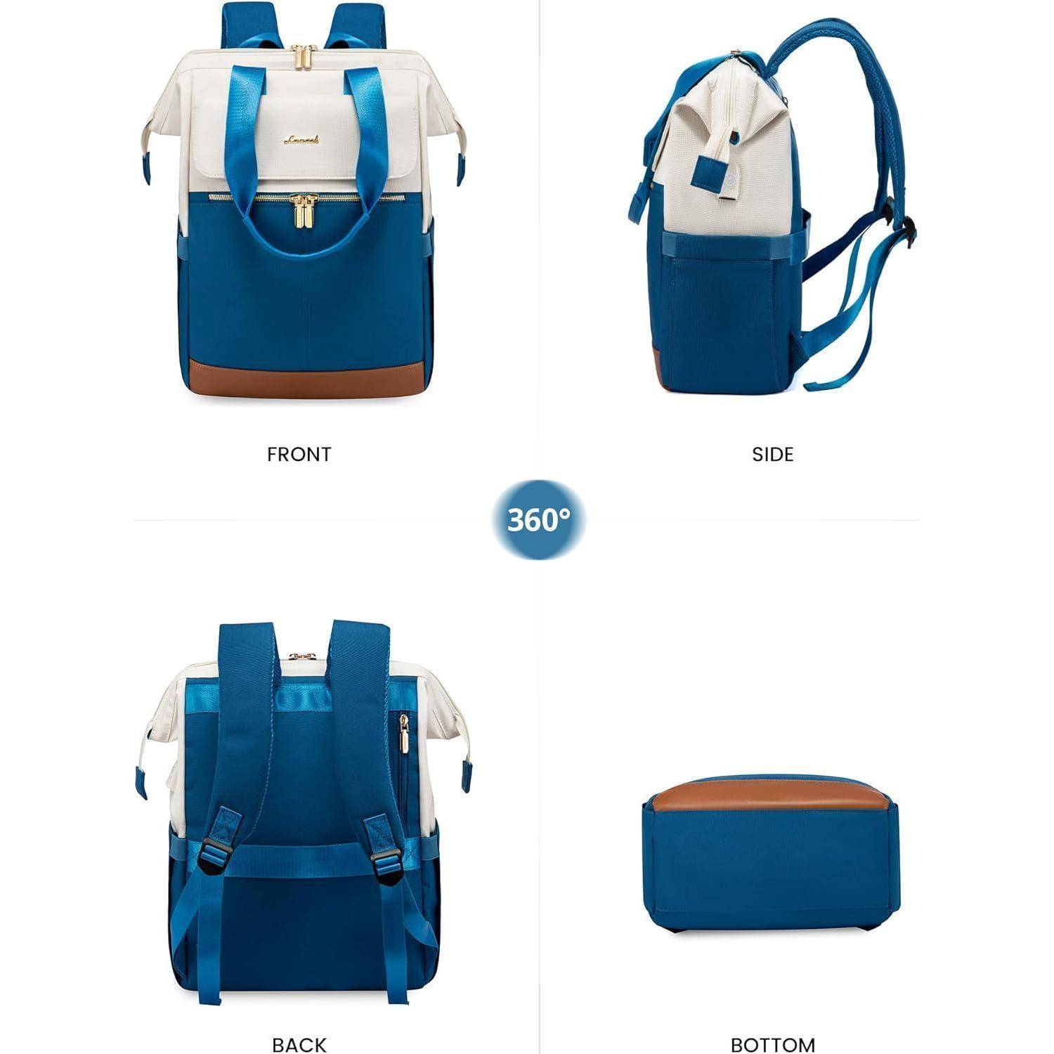 Blauer und weißer Rucksack mit beigen Akzenten, von vorne, der Seite, hinten und von unten gezeigt. Ausgestattet mit mehreren Taschen und verstellbaren Trägern.