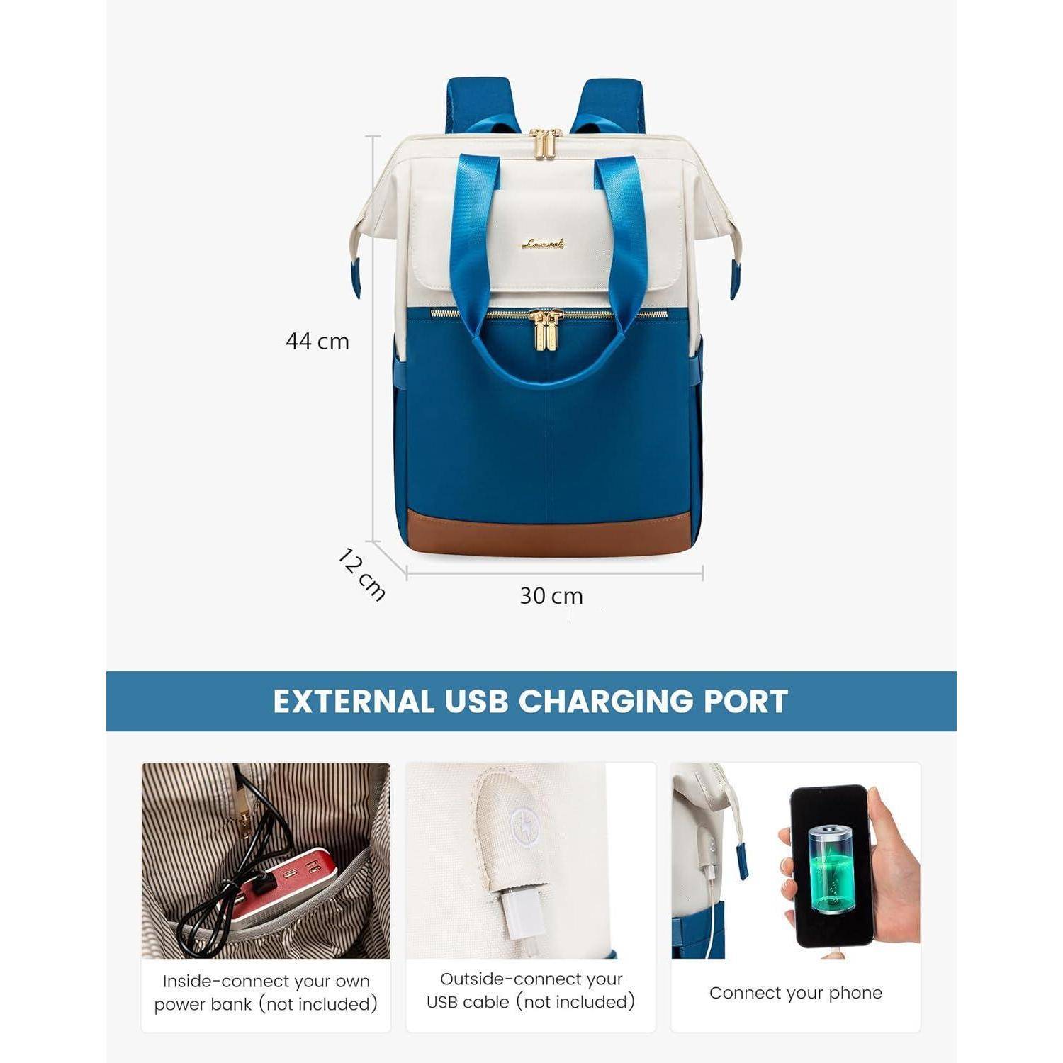 Ein blau-weißer Rucksack mit einer Höhe von 44 cm, einer Breite von 30 cm und einer Tiefe von 17 cm. Ausgestattet mit externem USB-Ladeanschluss und Innenkompartimenten.