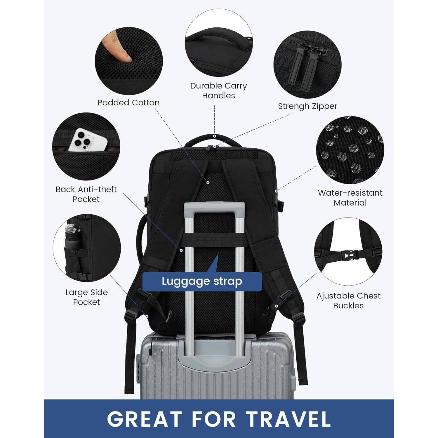 45L Reiserucksack Handgepäck Flugzeug Schwarz 18 Zoll Laptop Rucksack