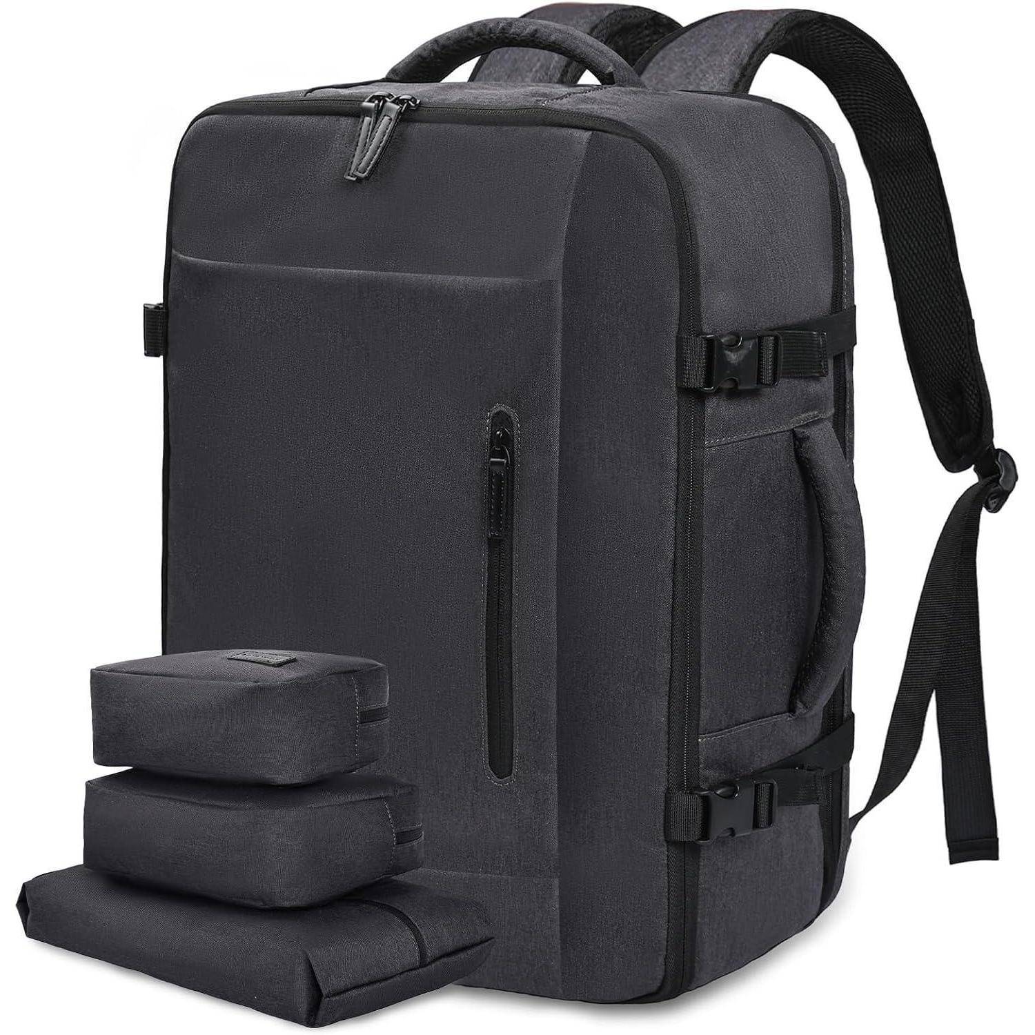 Ein dunkelgrauer Reiserucksack mit elegantem Design wird gezeigt. Er verfügt über mehrere Fächer, zwei Seitengriffe und drei Zubehörtaschen.