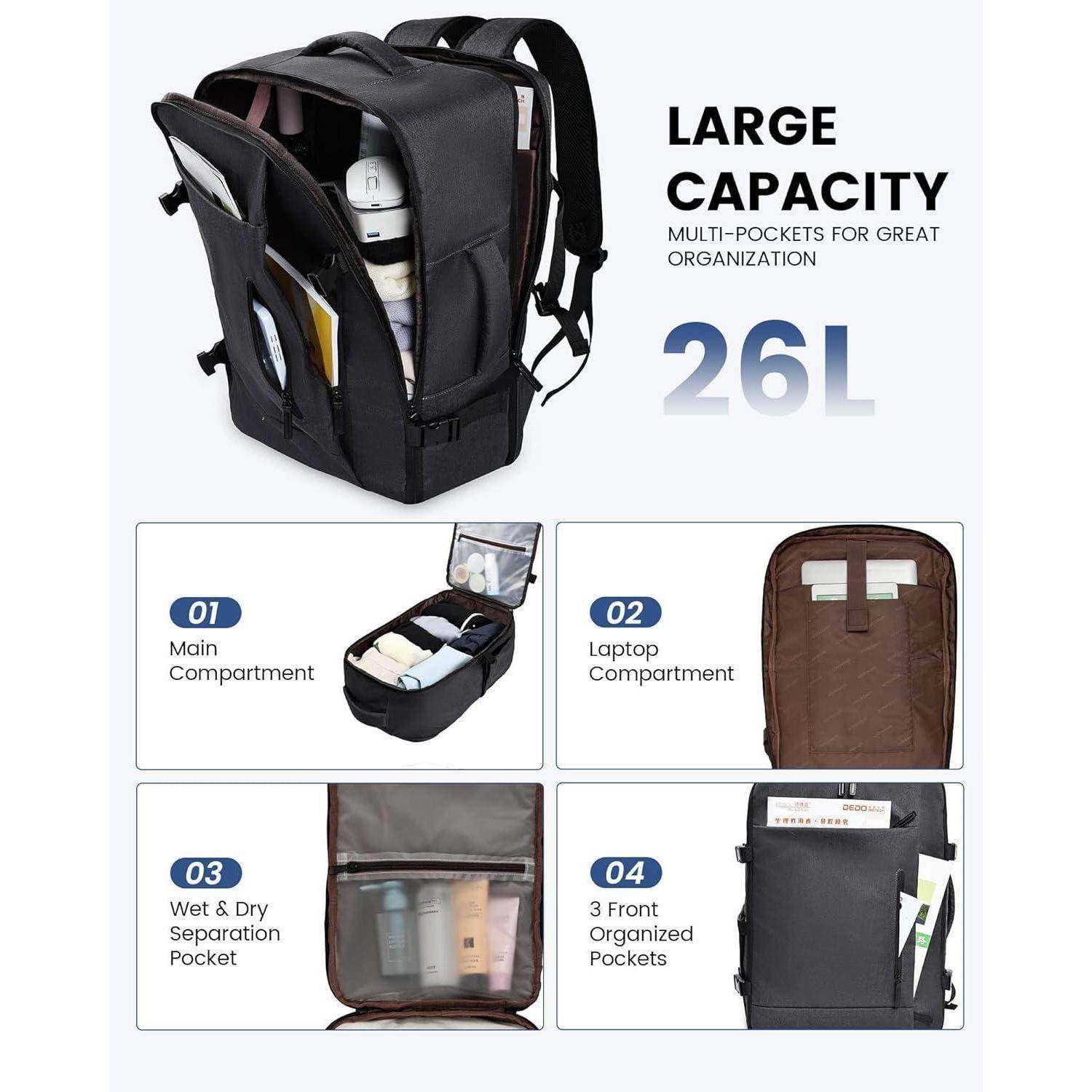 Großer schwarzer Rucksack, der seine Mehrfachtaschen-Organisation für ein Fassungsvermögen von 26 Litern präsentiert. Ausgestattet mit Hauptfach, Laptopabschnitt, Nass-/Trockenbereich und vorderen organisierten Taschen.