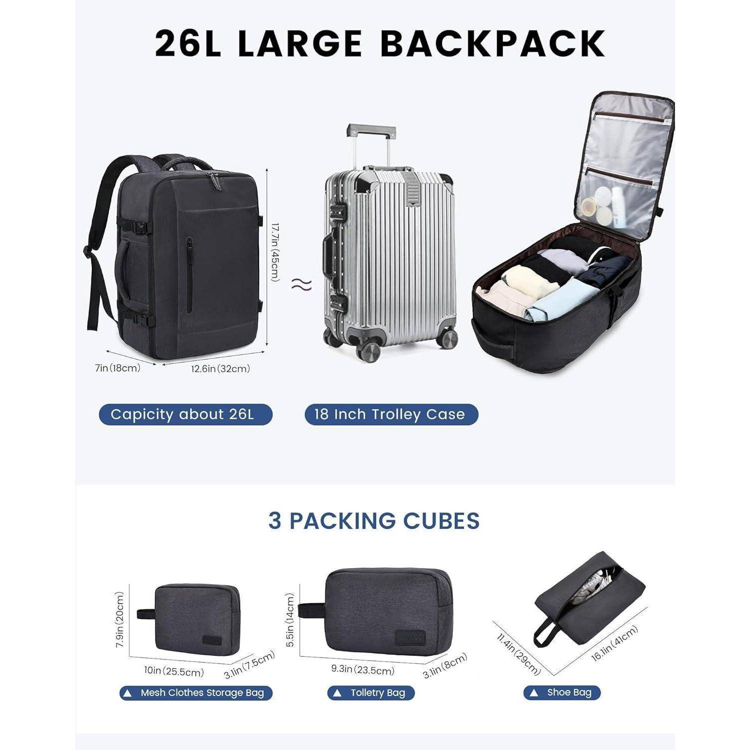 26L Großer Rucksack' mit Abmessungen, Kompatibilität mit Trolley-Koffer und 3 Packtaschen: Netztasche, Kulturtasche und Schuhbeutel gezeigt.