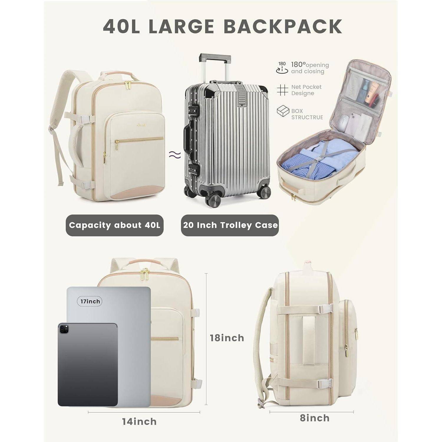 Handgepäck Rucksack 40L Flugzeug Damen Reiserucksack Wasserdicht 17