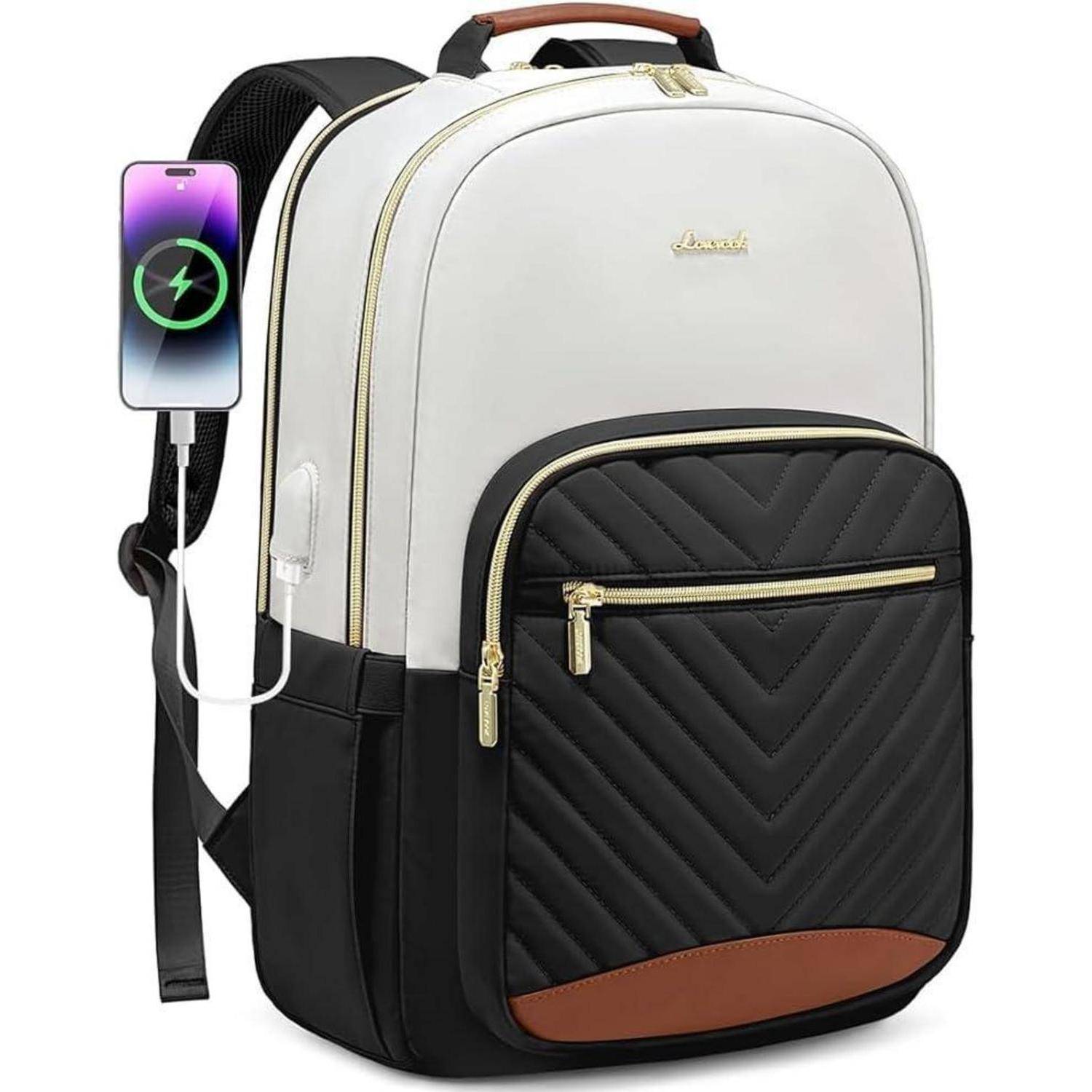 Großer Laptop-Rucksack 15,6 Zoll wasserdicht Damen Beige Schwarz