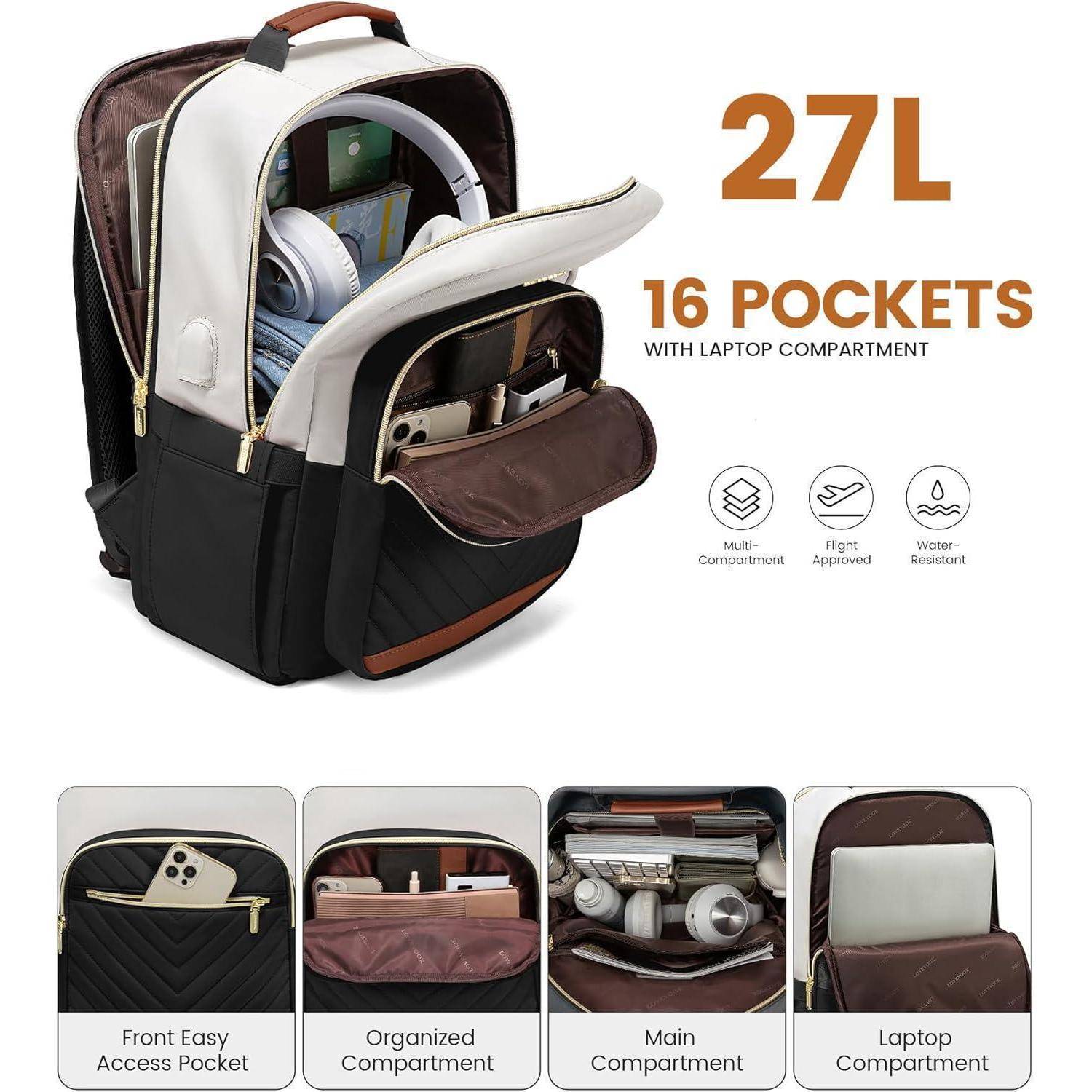 Großer Laptop-Rucksack 15,6 Zoll wasserdicht Damen Beige Schwarz