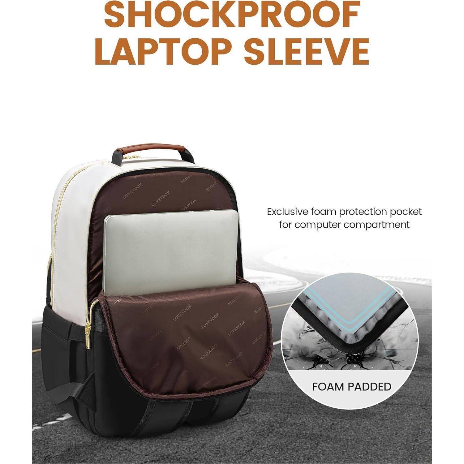 Großer Laptop-Rucksack 15,6 Zoll wasserdicht Damen Beige Schwarz